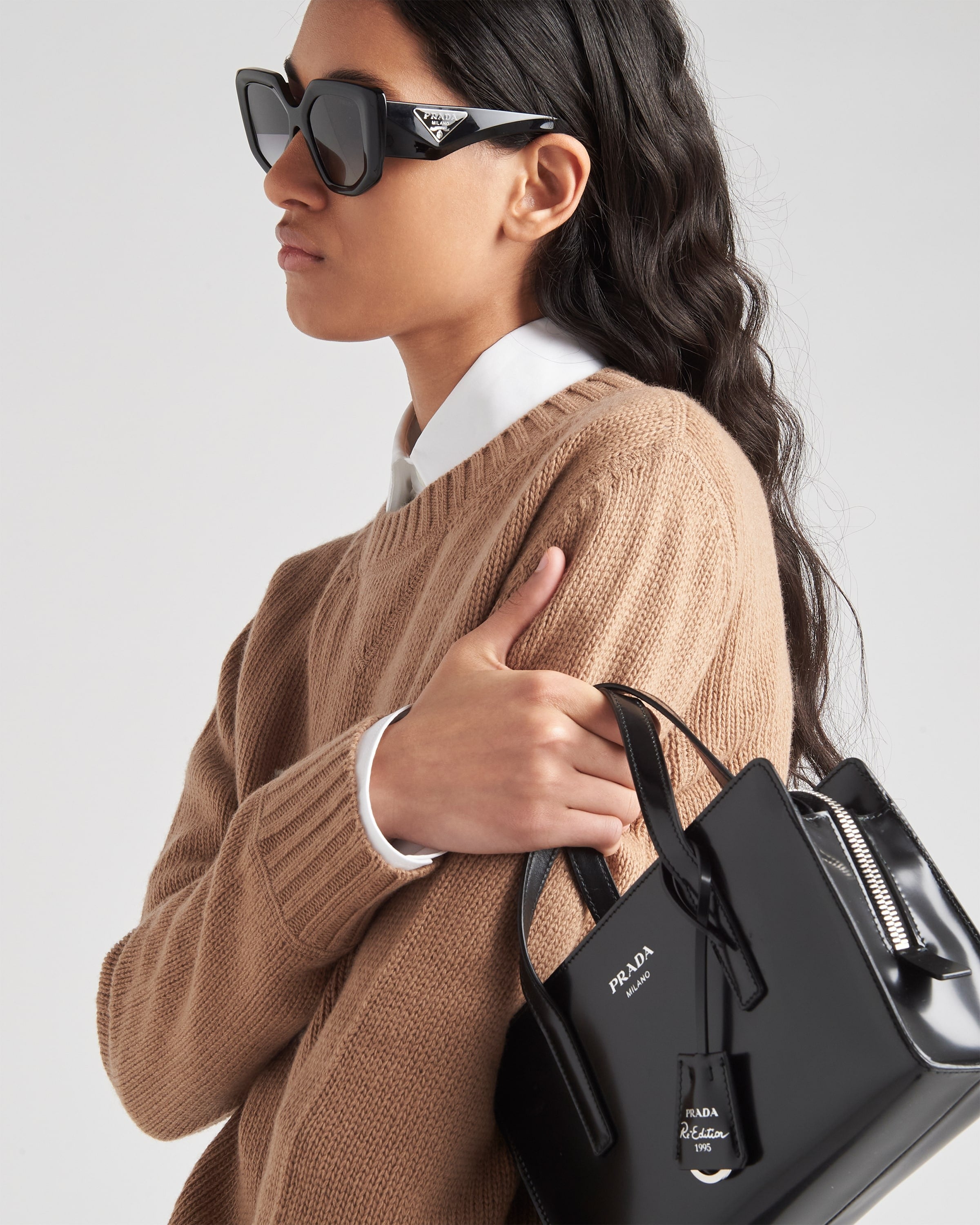 Cashmere and wool Prada logo crew-neck sweater Camel Brown