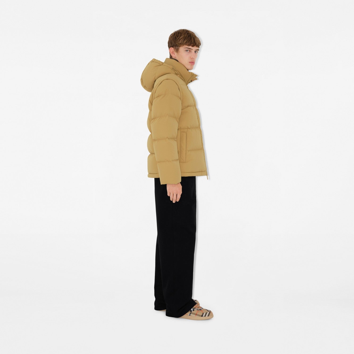 Detachable Sleeve Nylon Puffer Jacket - Flax