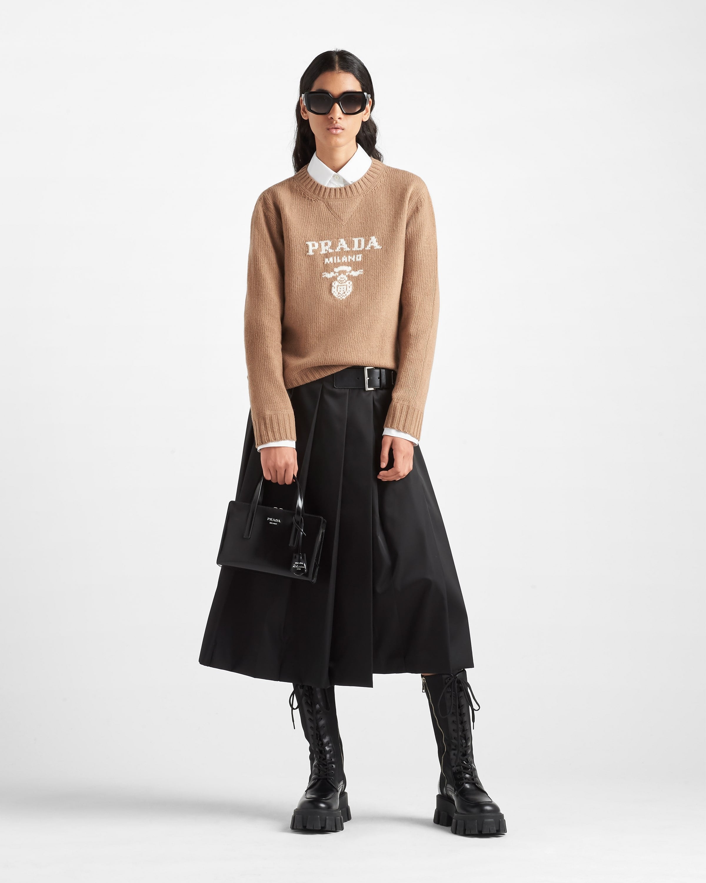 Cashmere and wool Prada logo crew-neck sweater Camel Brown