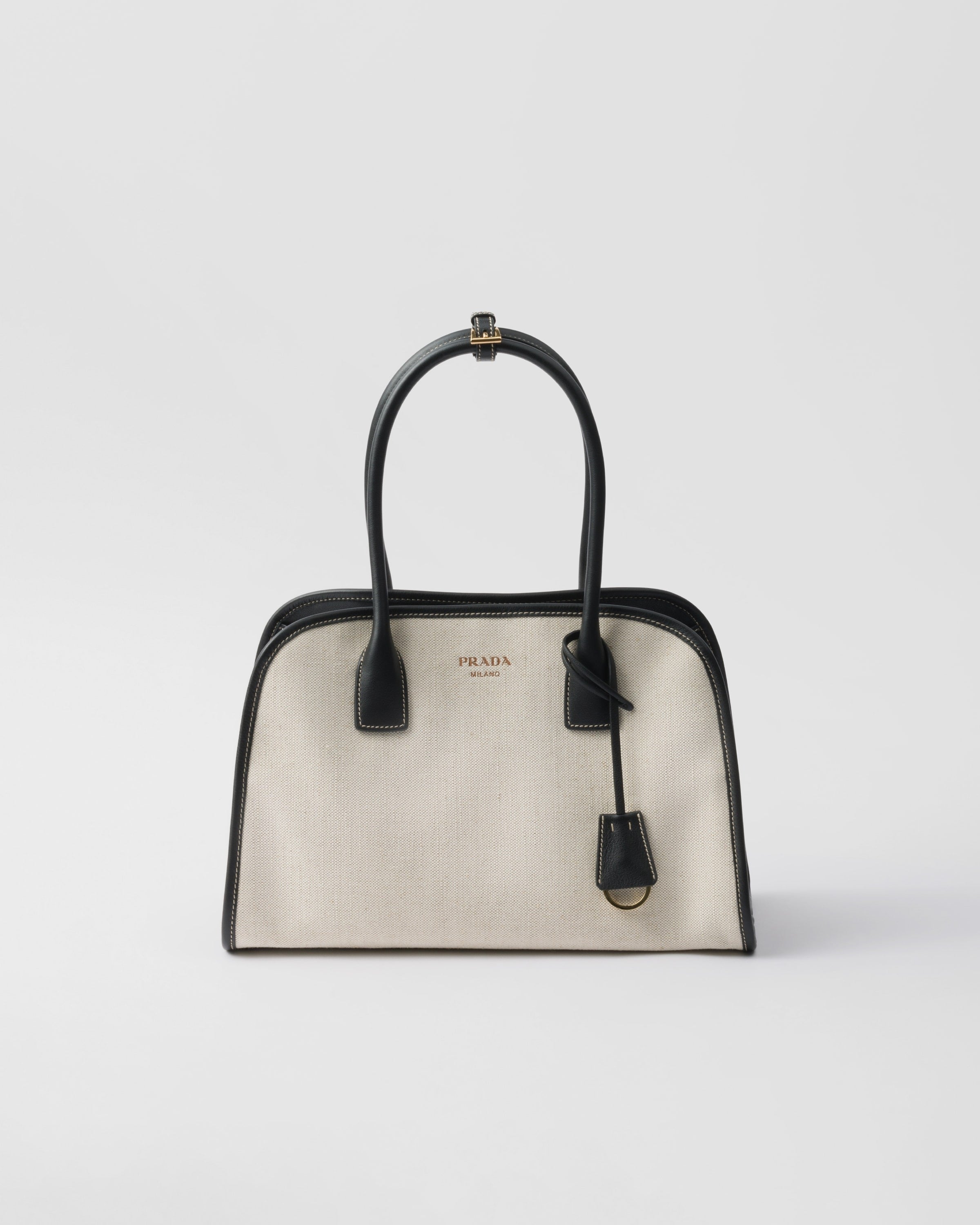 Medium linen blend and leather tote bag Tan/Black