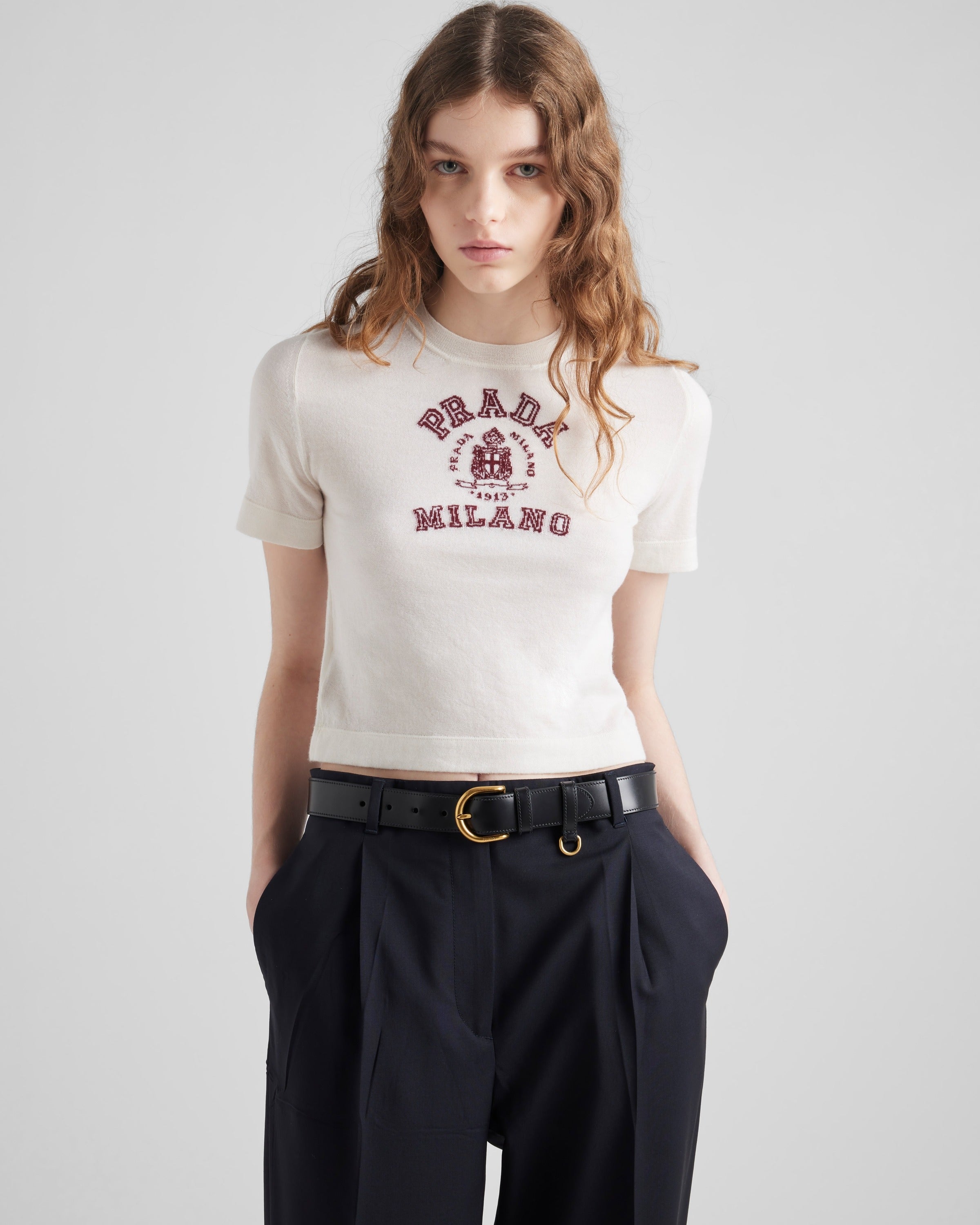 Cashmere intarsia T-shirt White/Burgundy