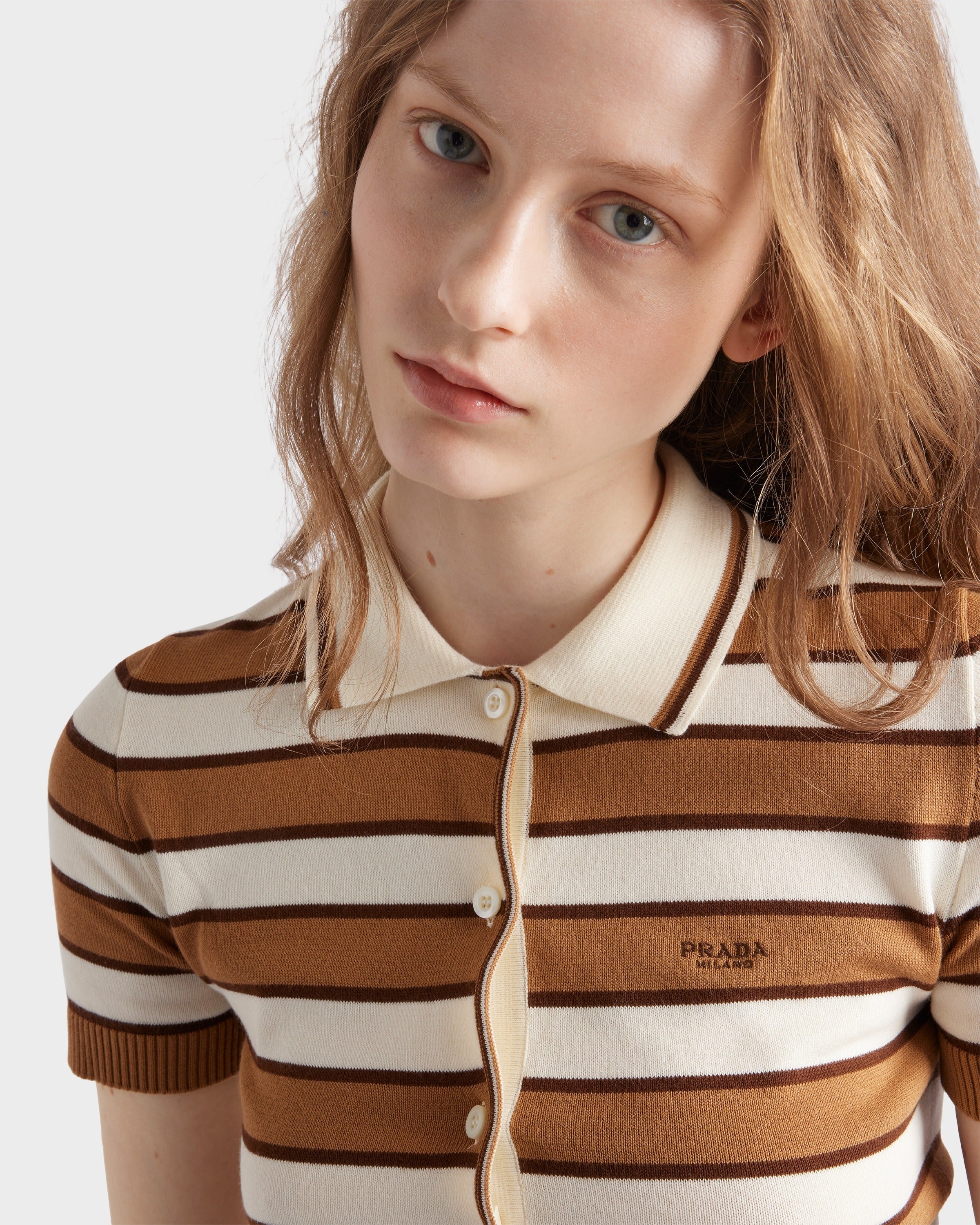 Short-sleeved striped cotton cardigan Camel/Natural