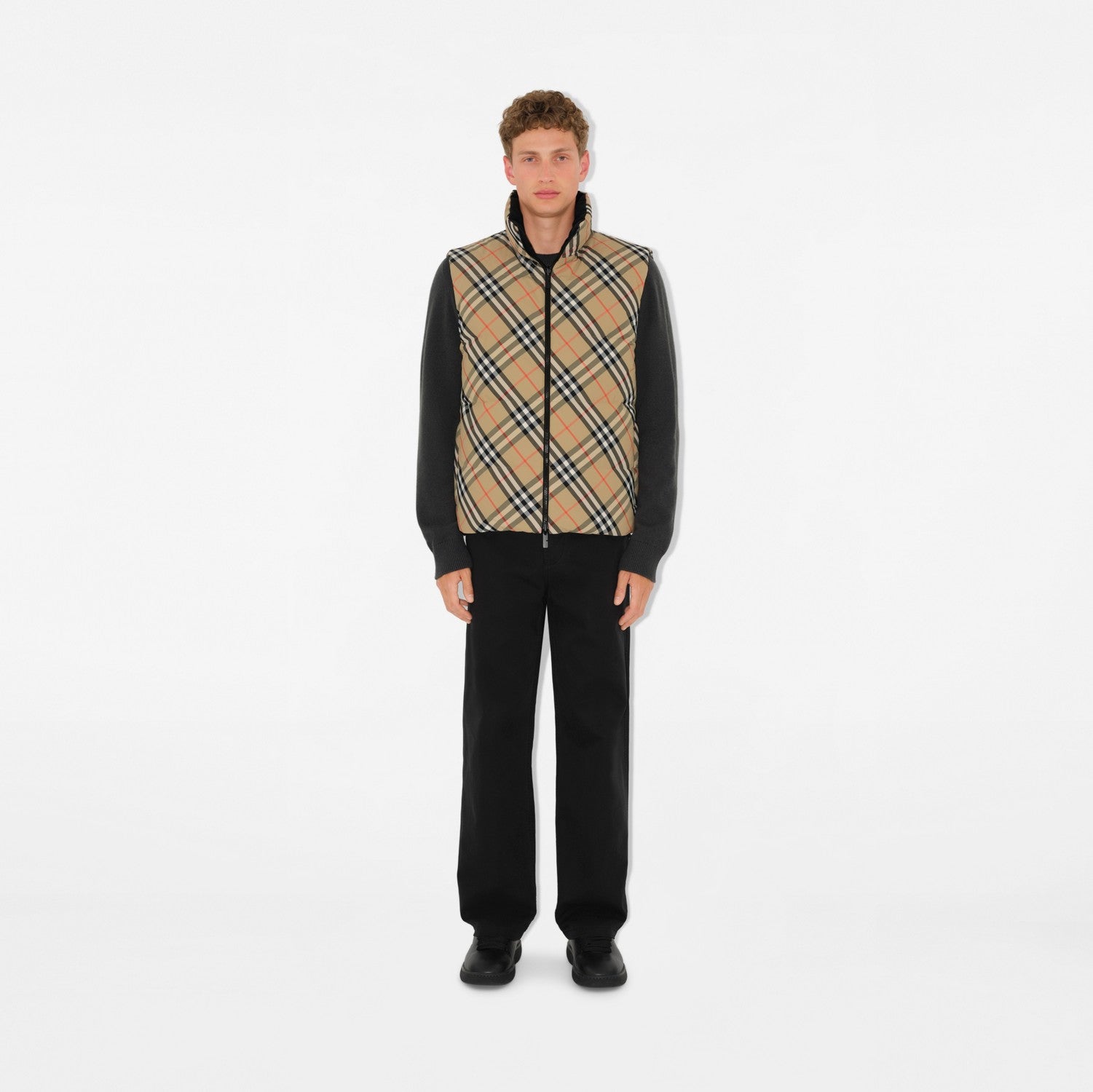 Reversible Check Nylon Padded Gilet - Sand