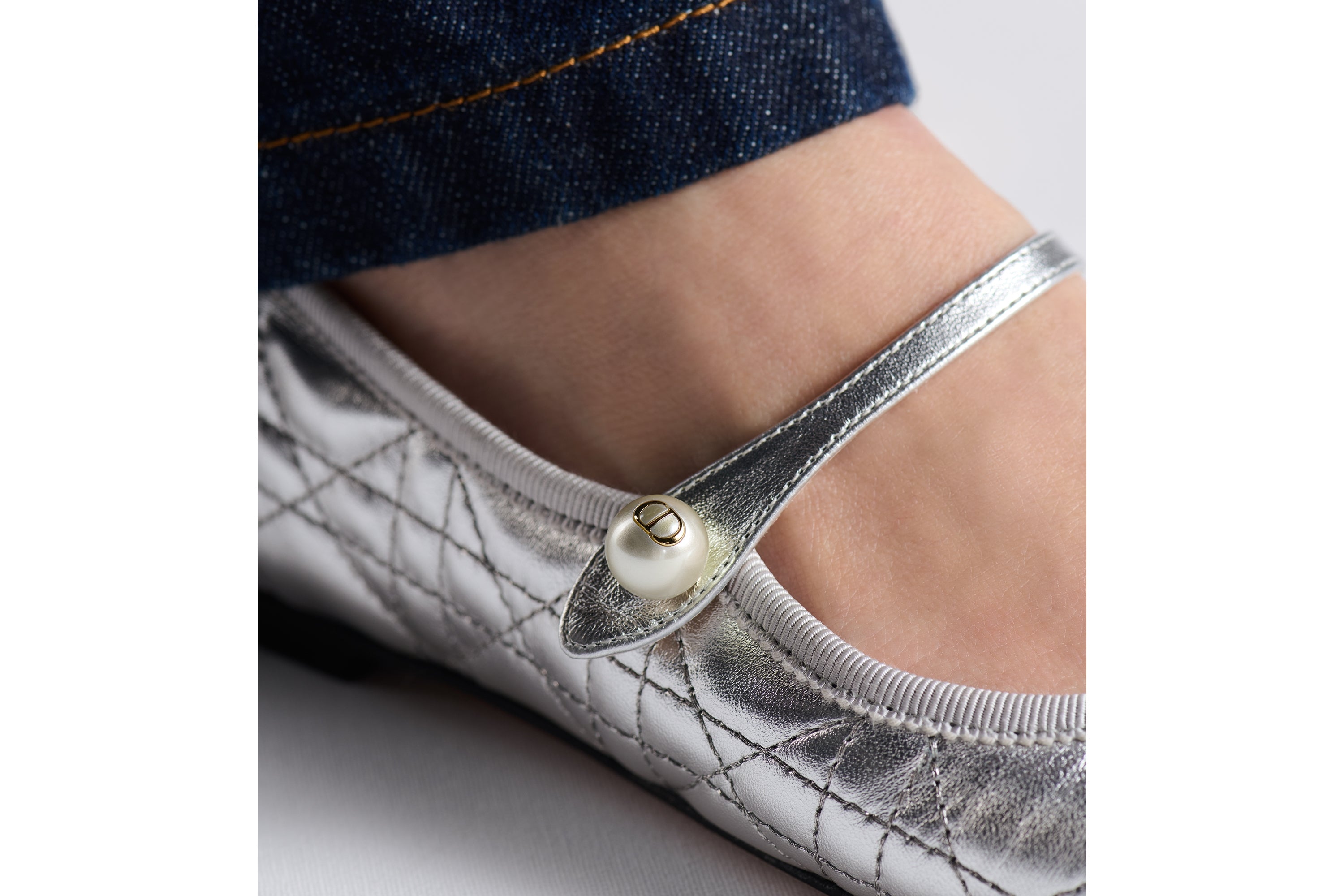 Dior Ballet Flat - Silver-Tone Laminated Lambskin with Quilted Cannage Motif