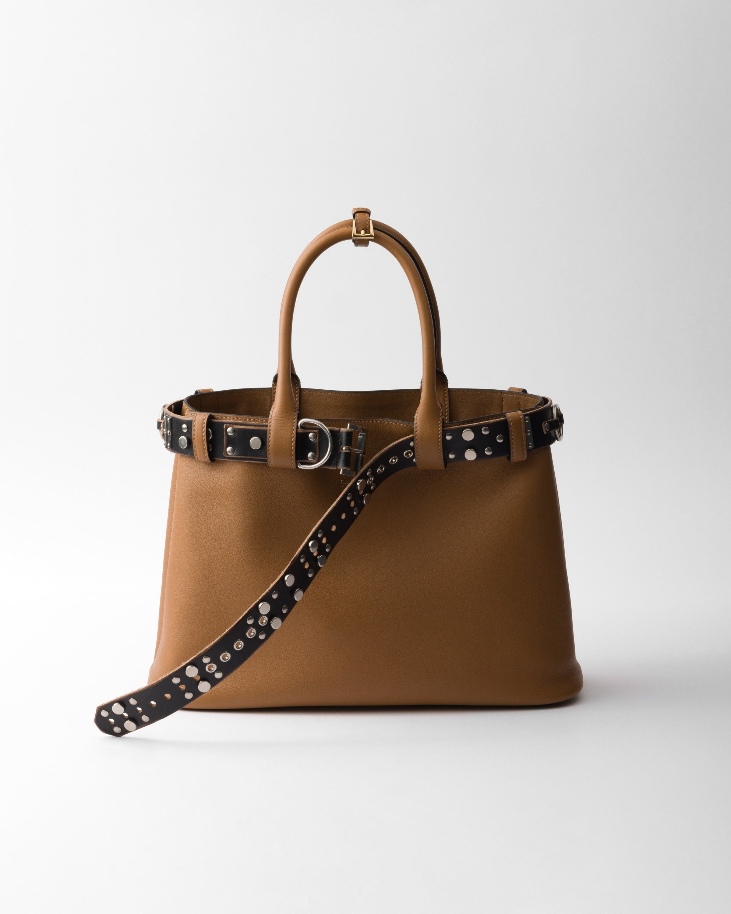 Large Prada Buckle leather bag with studded belt Caramel/Black
