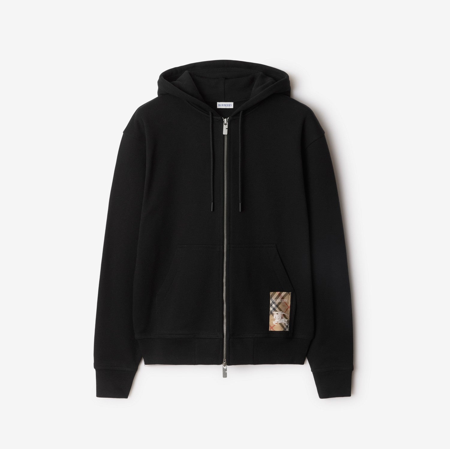 Check Label Cotton Zip Hoodie - Black