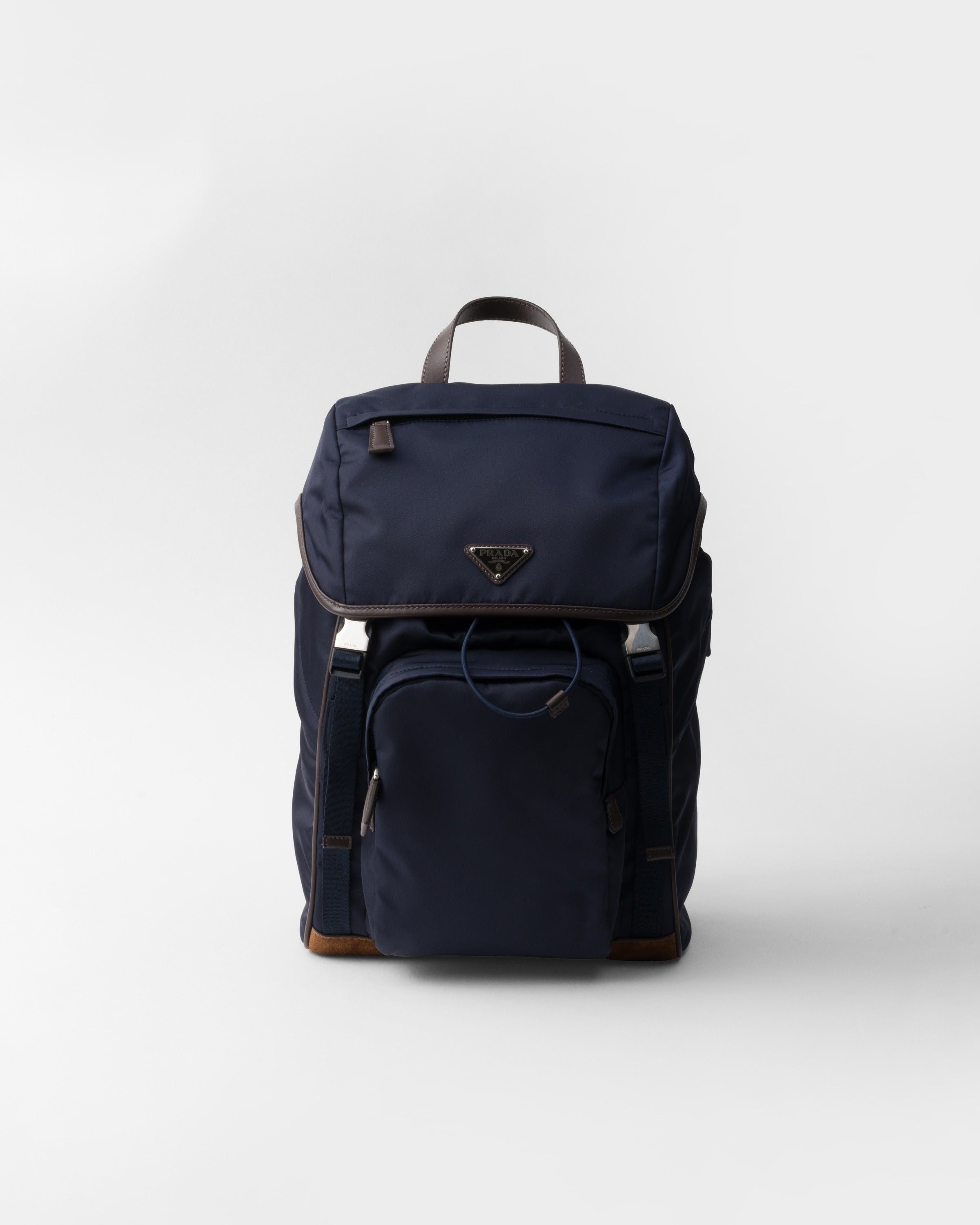 Re-Nylon and leather backpack Blue/Coffee
