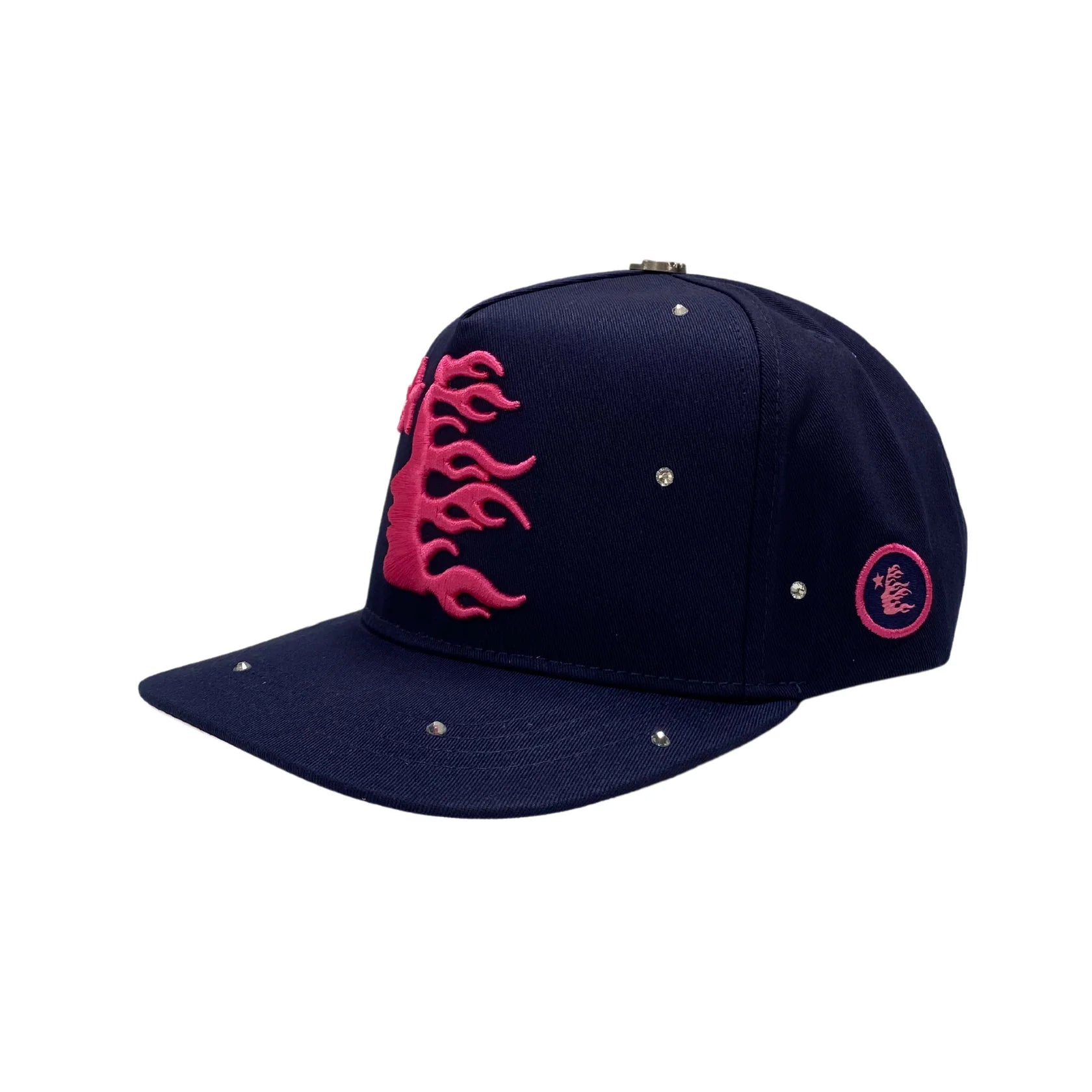 Hellstar Logo 6-Panel Snapback Hat Navy Pink Rhinestone