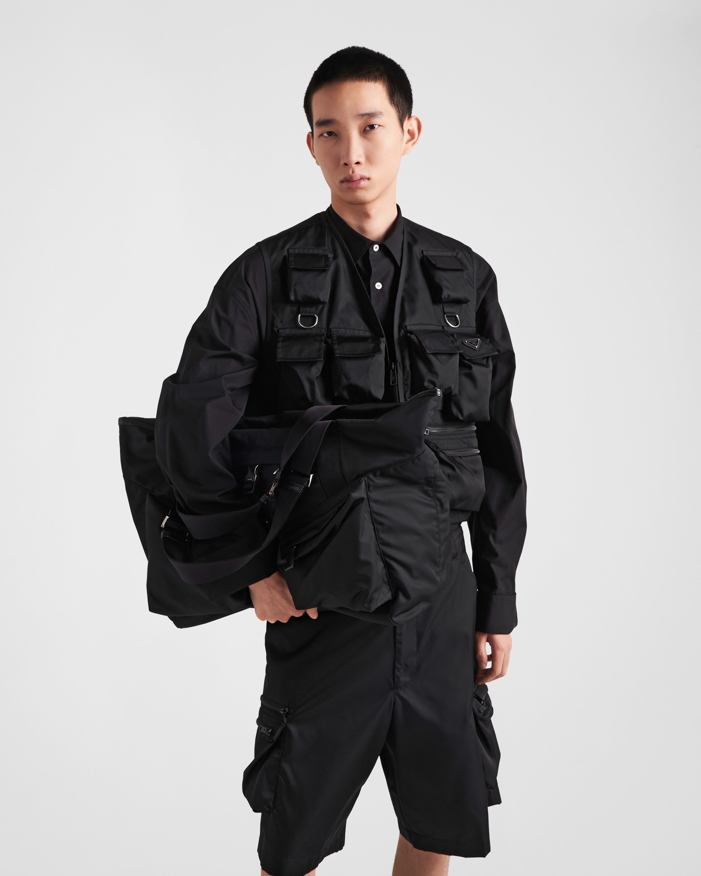 Re-Nylon and leather travel bag Black