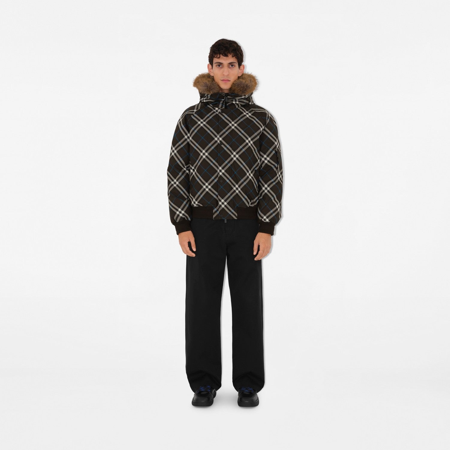 Faux Fur Trim Check Bomber Jacket - Snug