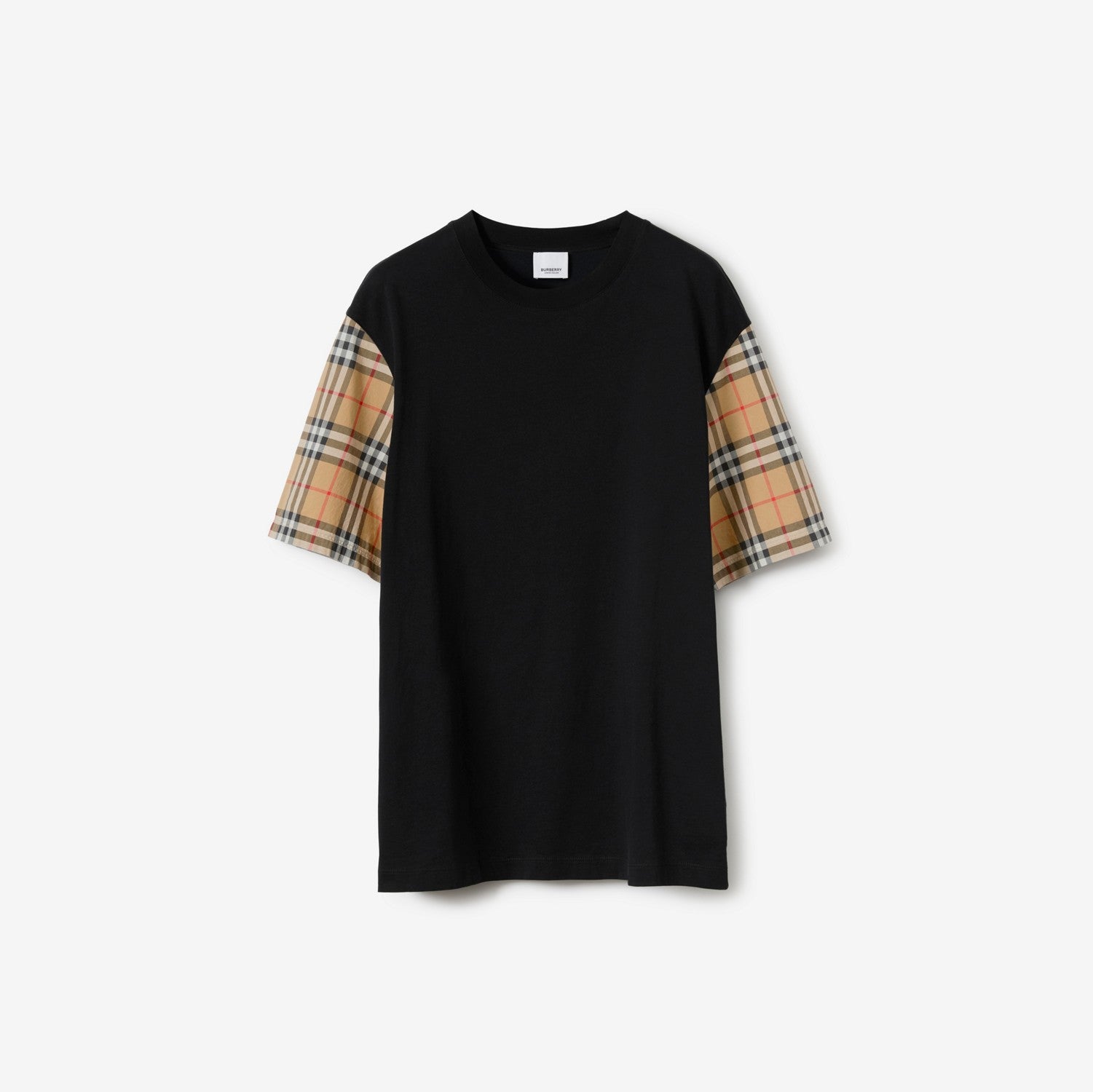 Check Sleeve Cotton T-shirt - Black