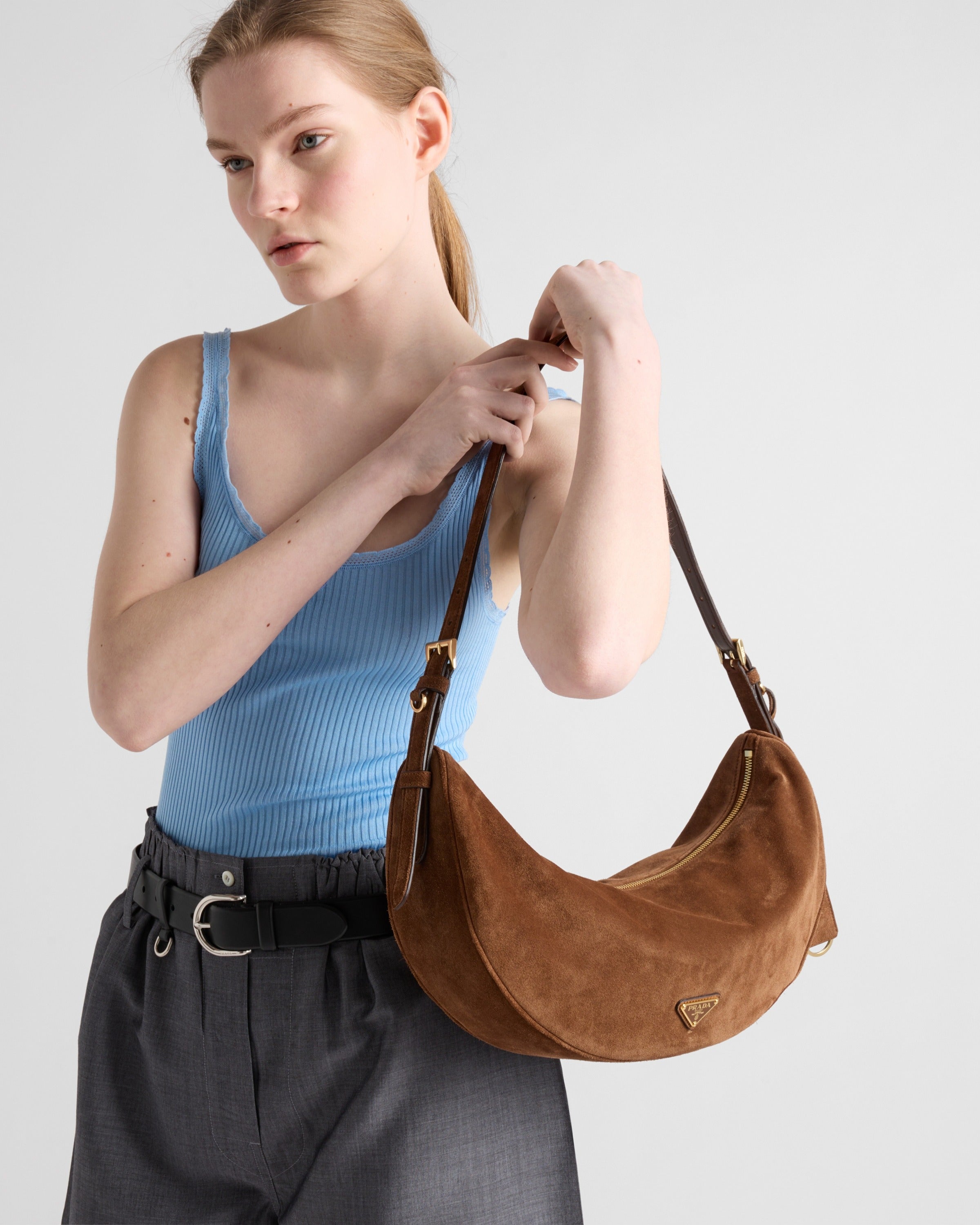 Prada Demi-lune large suede shoulder bag Cocoa Brown