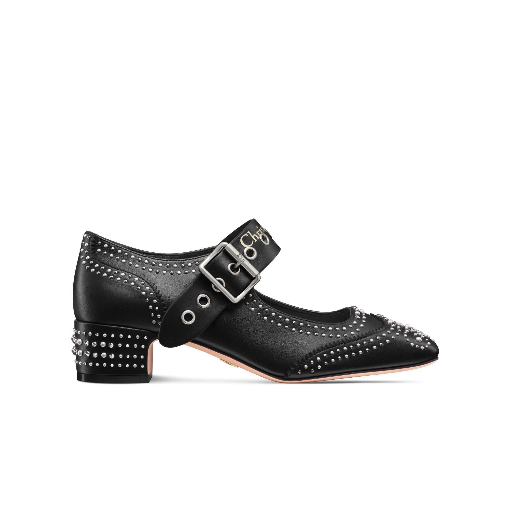 D-Society Pump - Black Calfskin with Silver-Finish Studs and White Resin Pearls