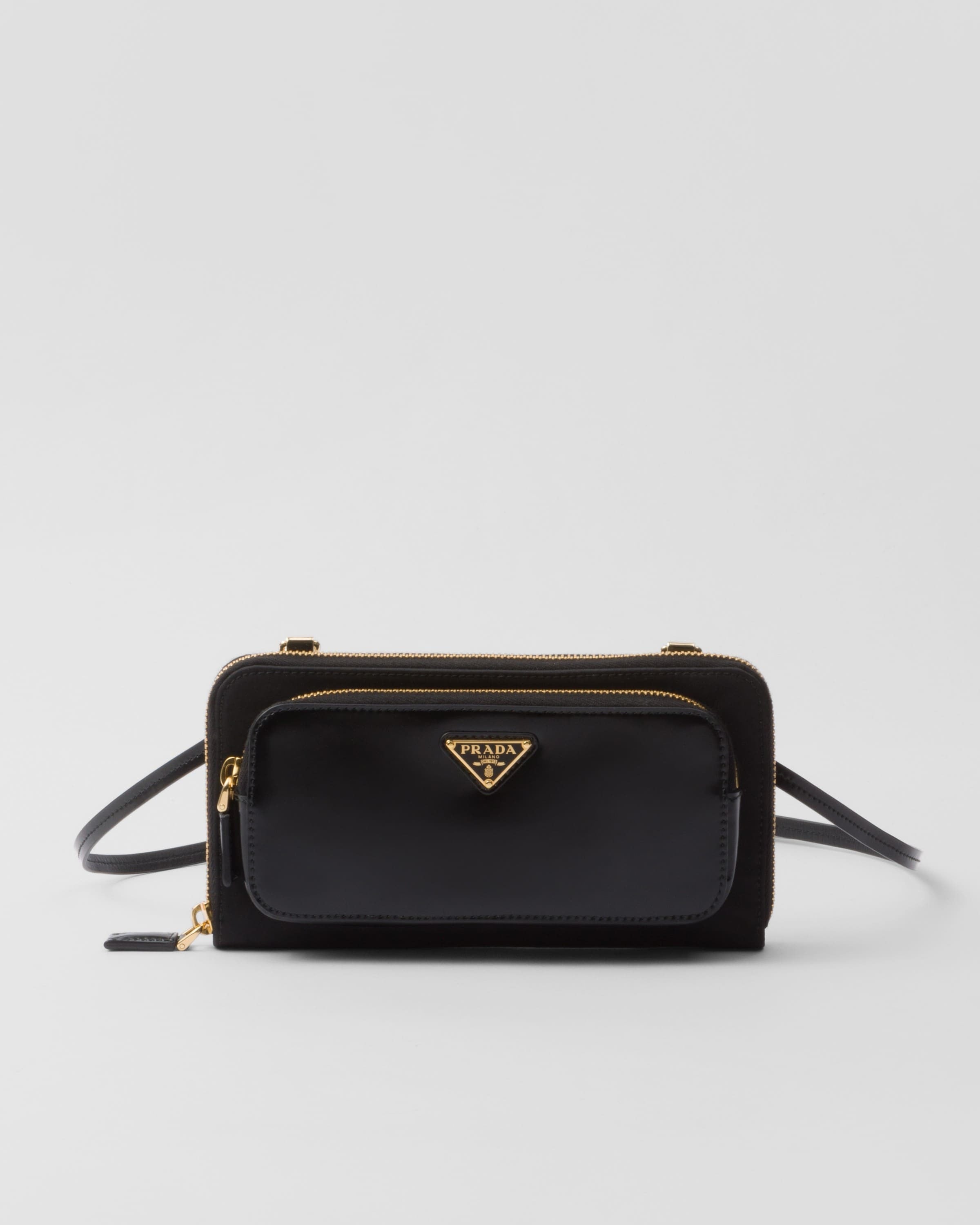 Re-Nylon and brushed leather wallet with shoulder strap Black