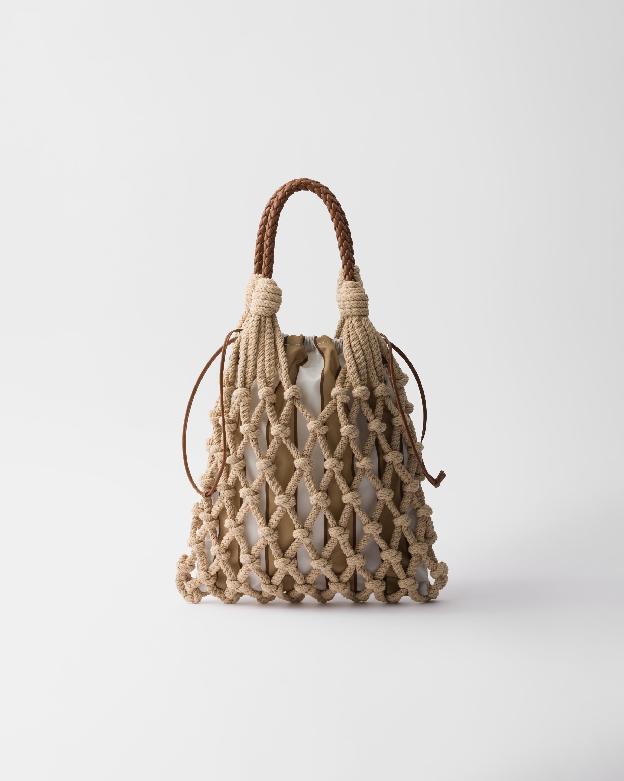 Prada Noué medium cotton macramé bag Cord/Camel Beige