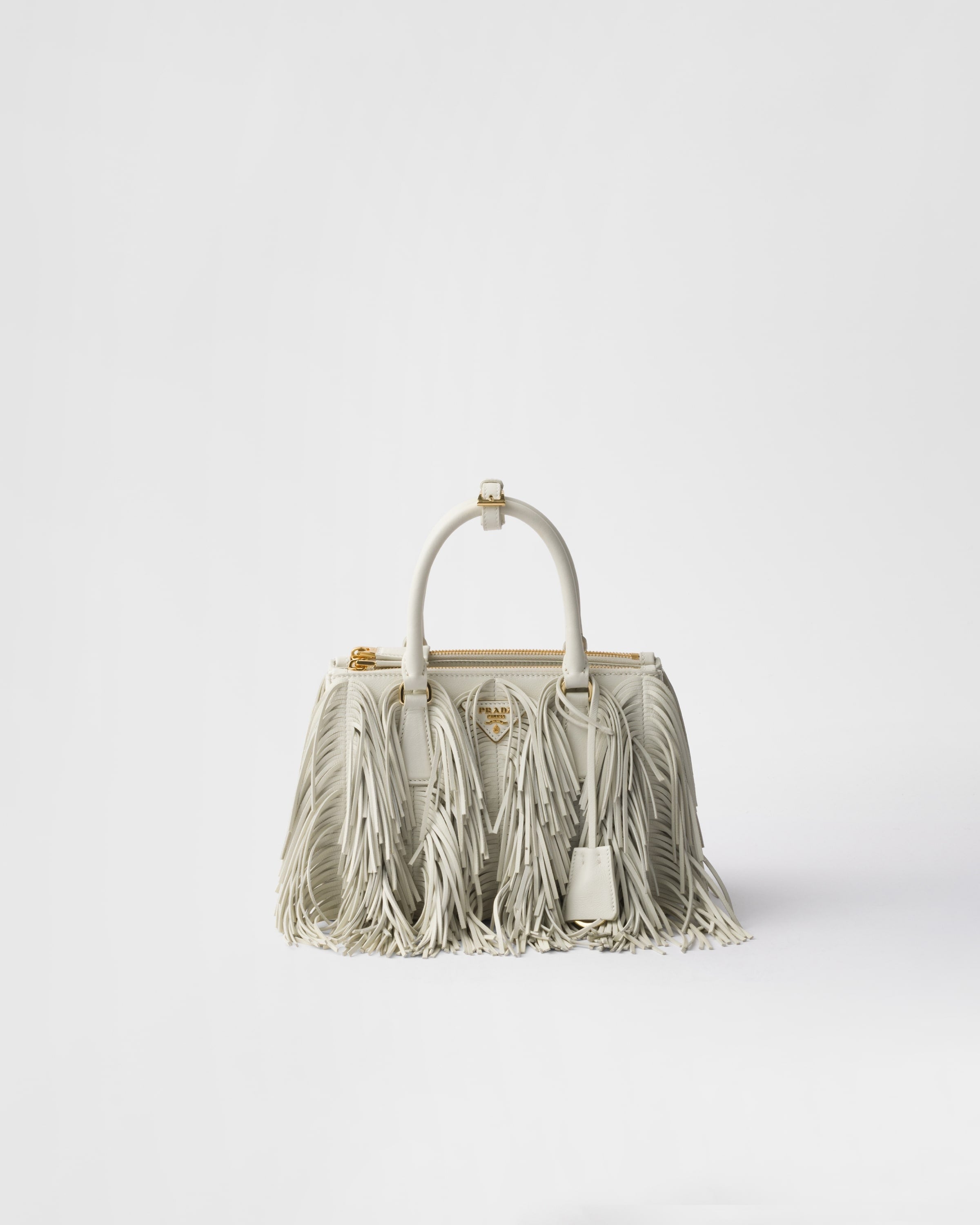 Prada Galleria small leather bag with fringe White