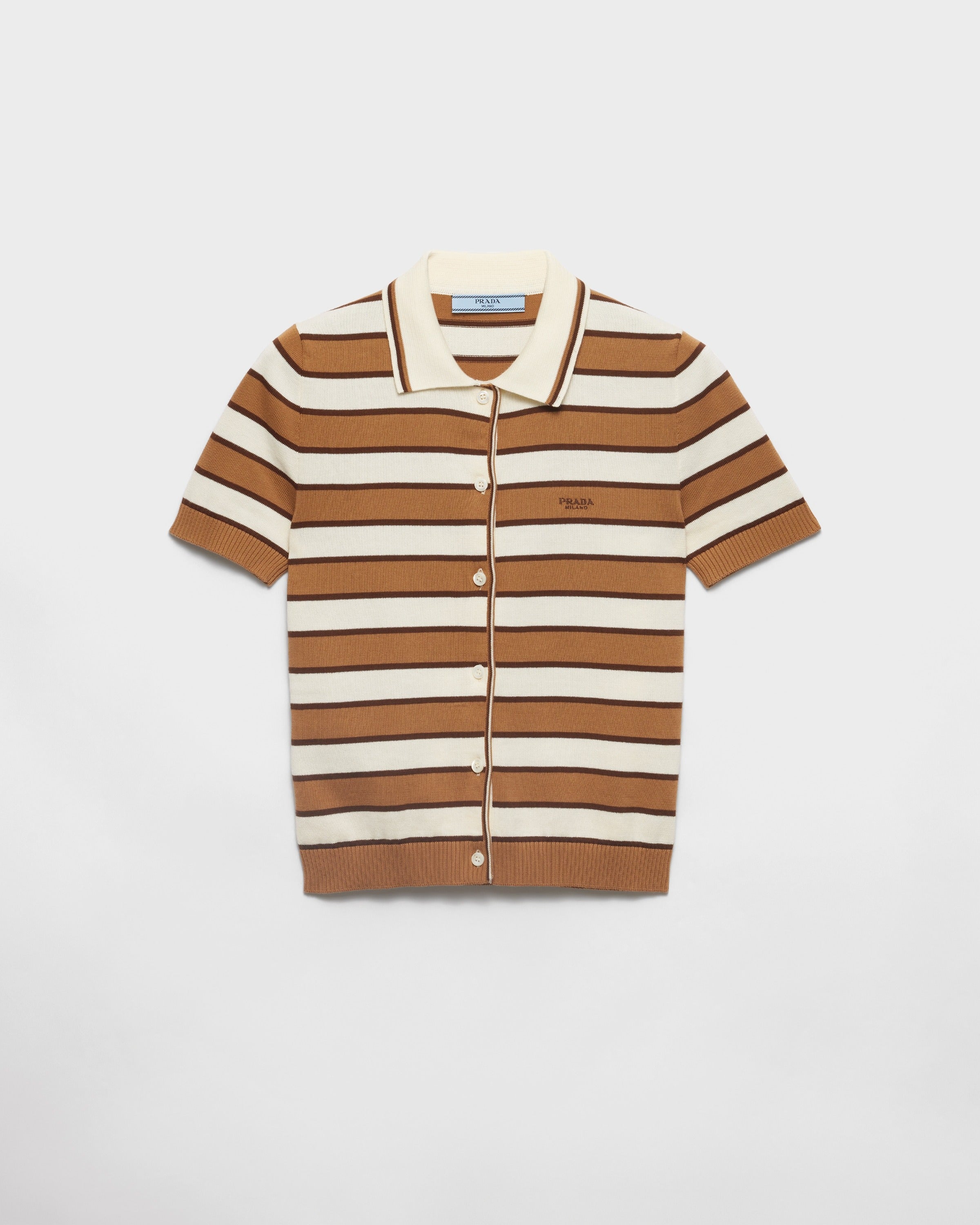 Short-sleeved striped cotton cardigan Camel/Natural