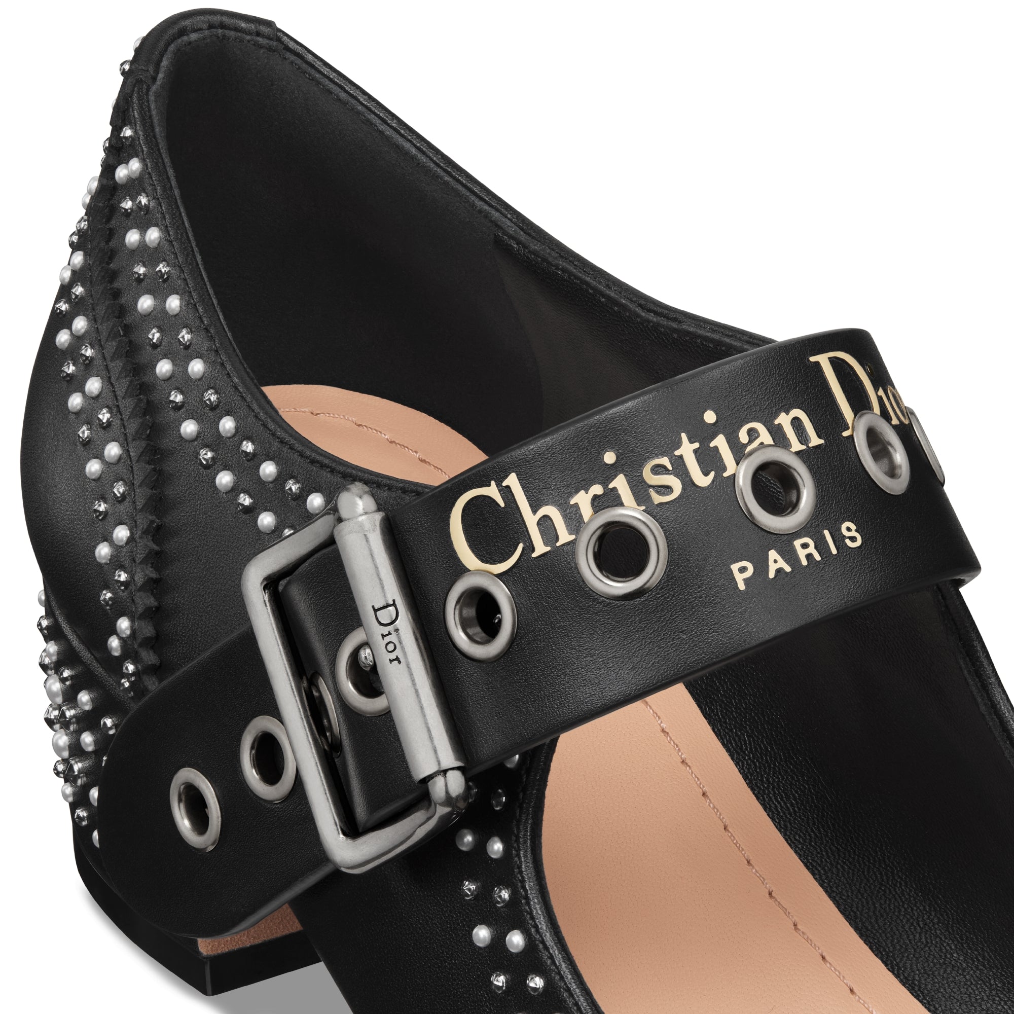 D-Society Pump - Black Calfskin with Silver-Finish Studs and White Resin Pearls