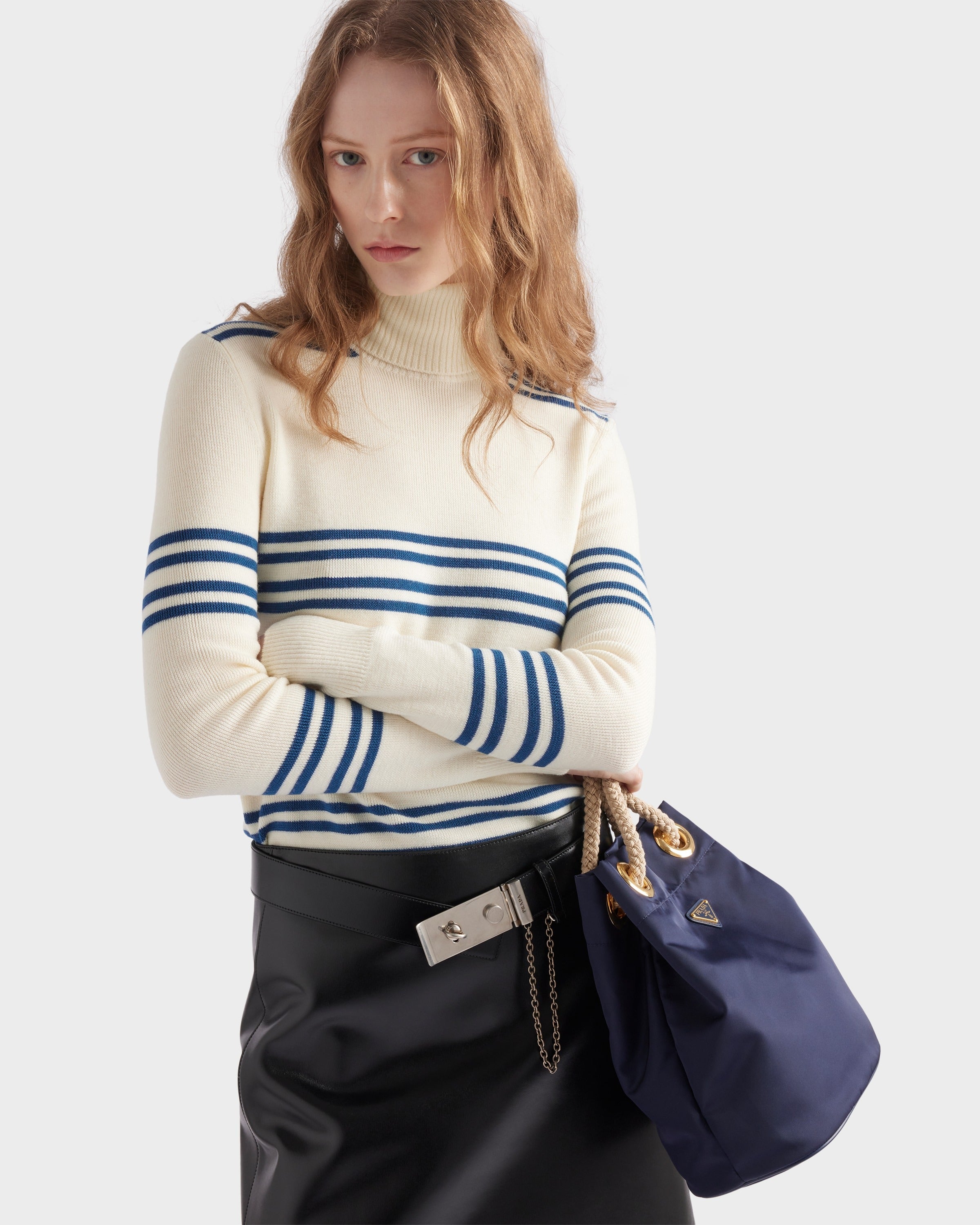Striped wool turtleneck sweater Natural/Teal