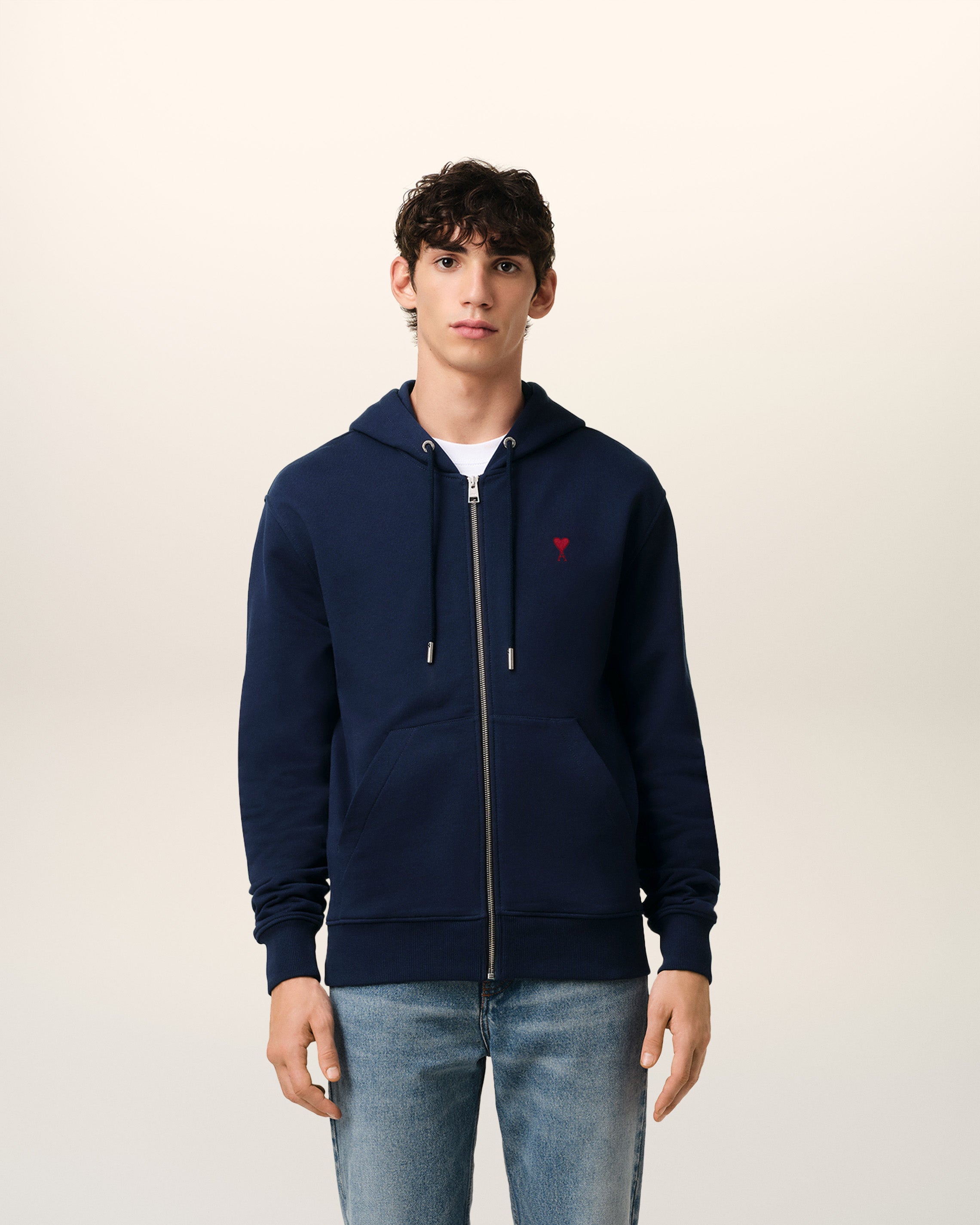 NAVY COTTON AMI DE COEUR ZIPPED HOODIE NIGHT BLUE