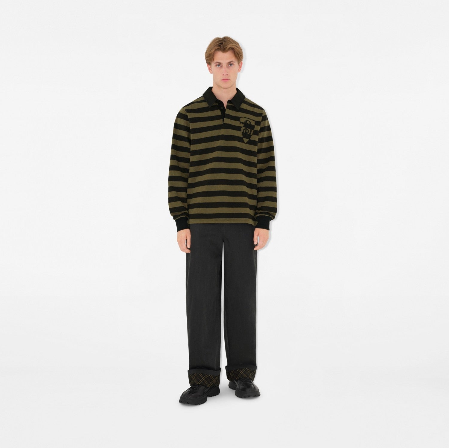 Long-sleeve Striped Cotton Polo Shirt - Olive