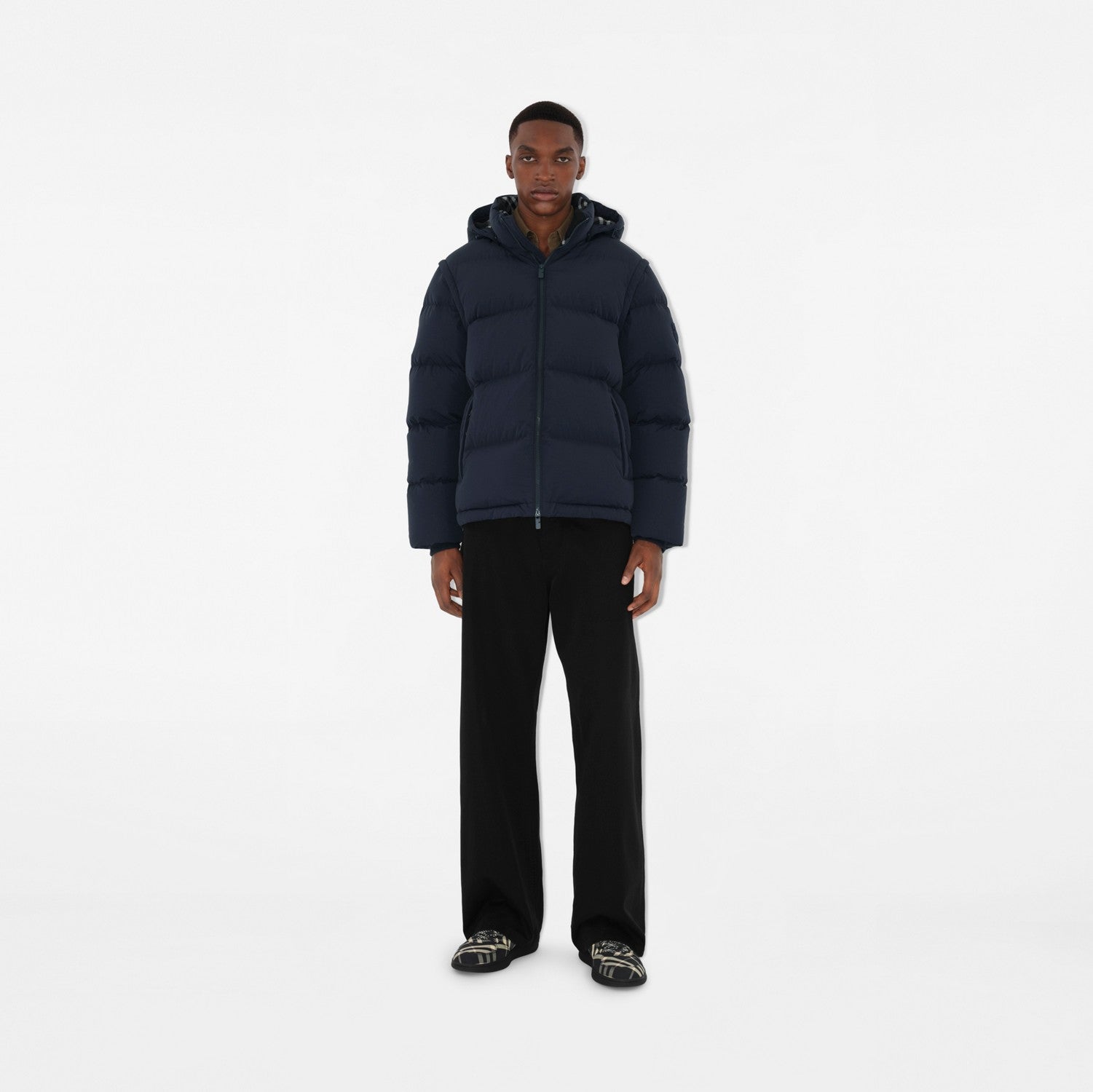 Detachable Sleeve Nylon Puffer Jacket - Navy/charcoal