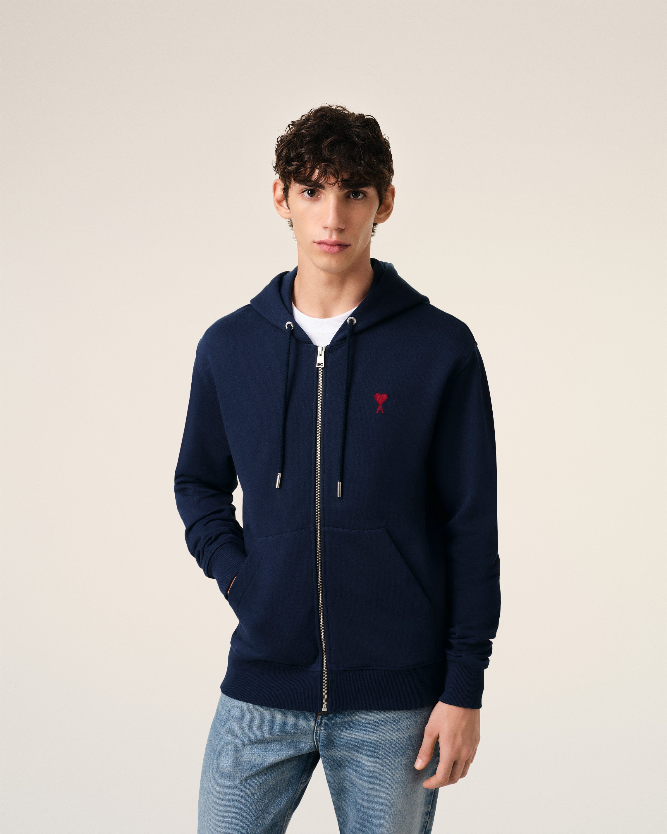 NAVY COTTON AMI DE COEUR ZIPPED HOODIE NIGHT BLUE
