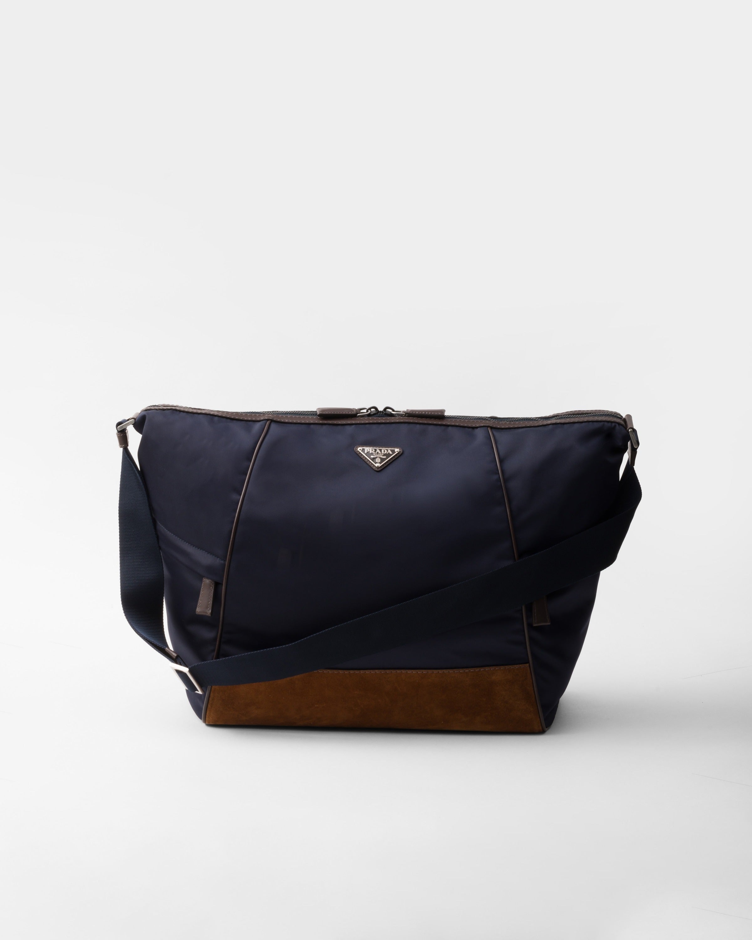 Re-Nylon and leather shoulder bag Blue/Coffee