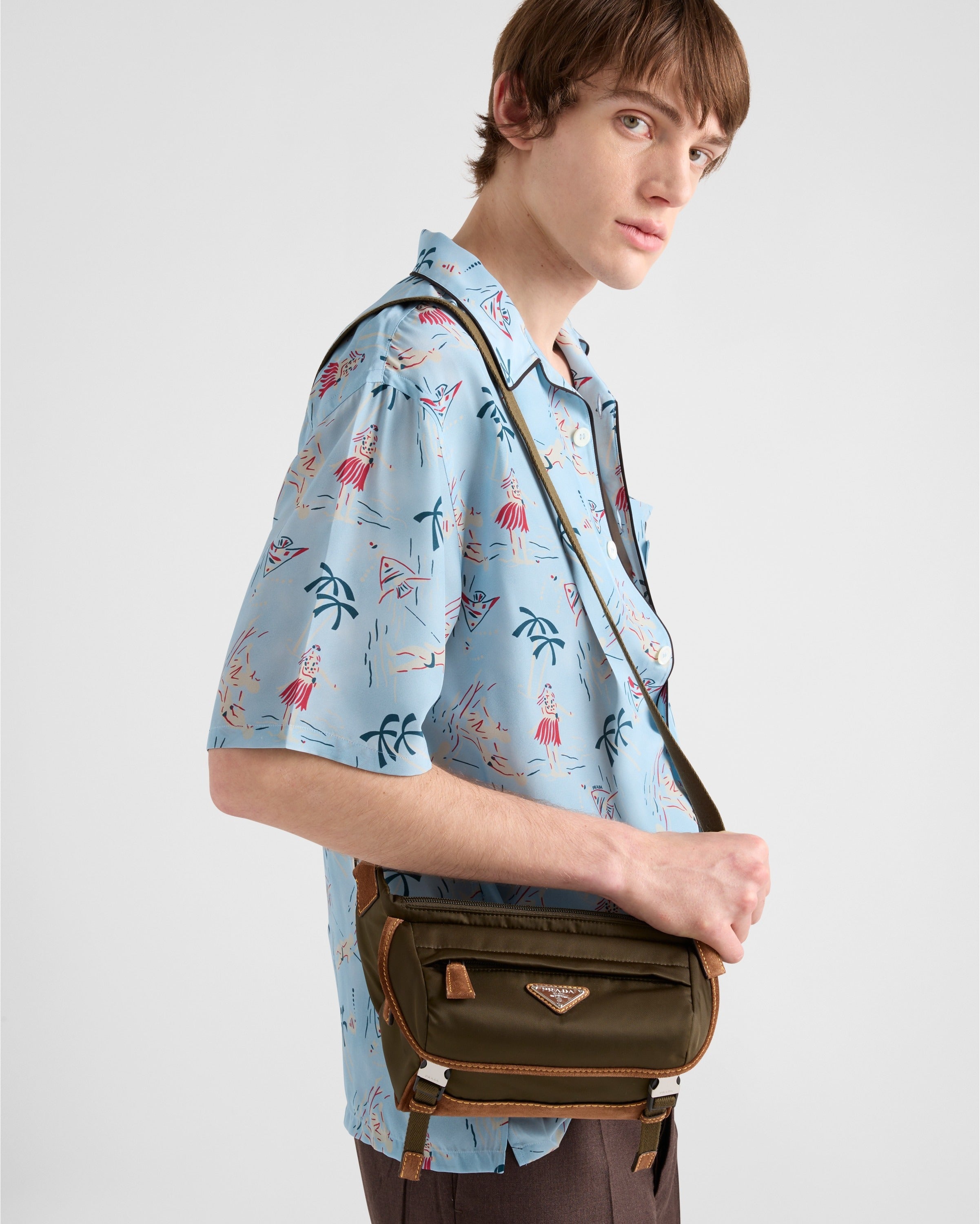 Small Re-Nylon and suede shoulder bag Musk Green/Cocoa