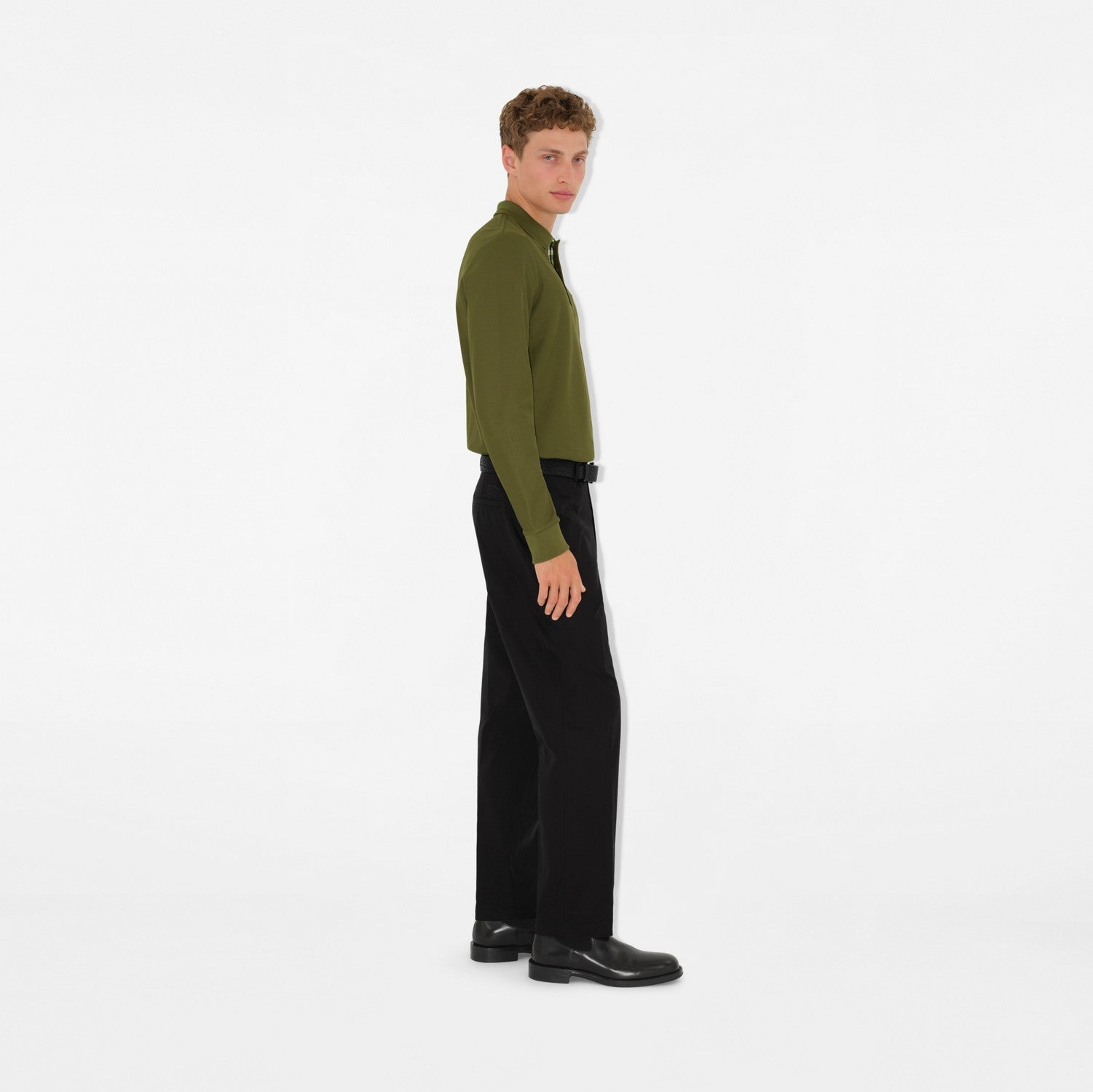 Long-sleeve Cotton Polo Shirt - Olive