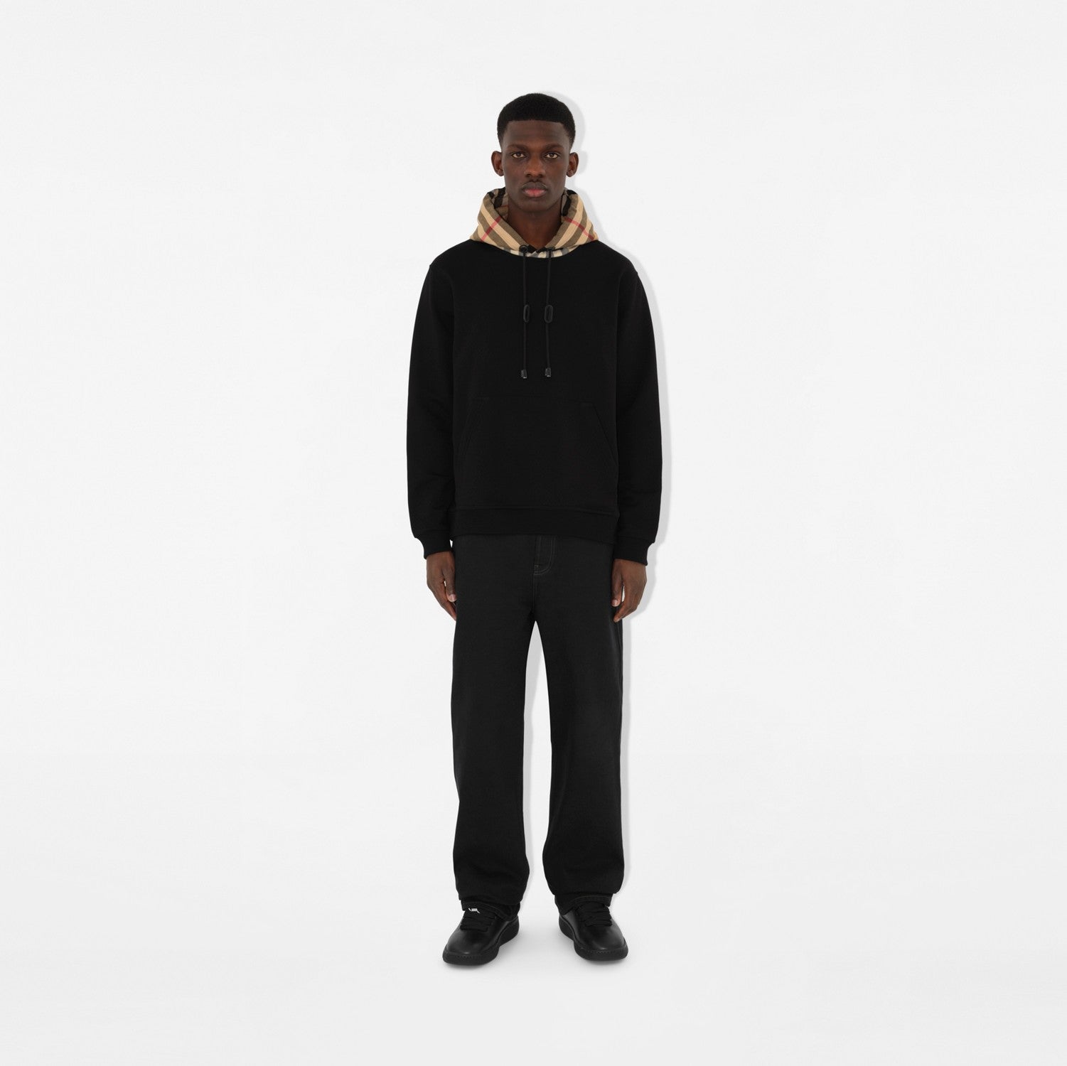 Check Hood Cotton Hoodie - Black