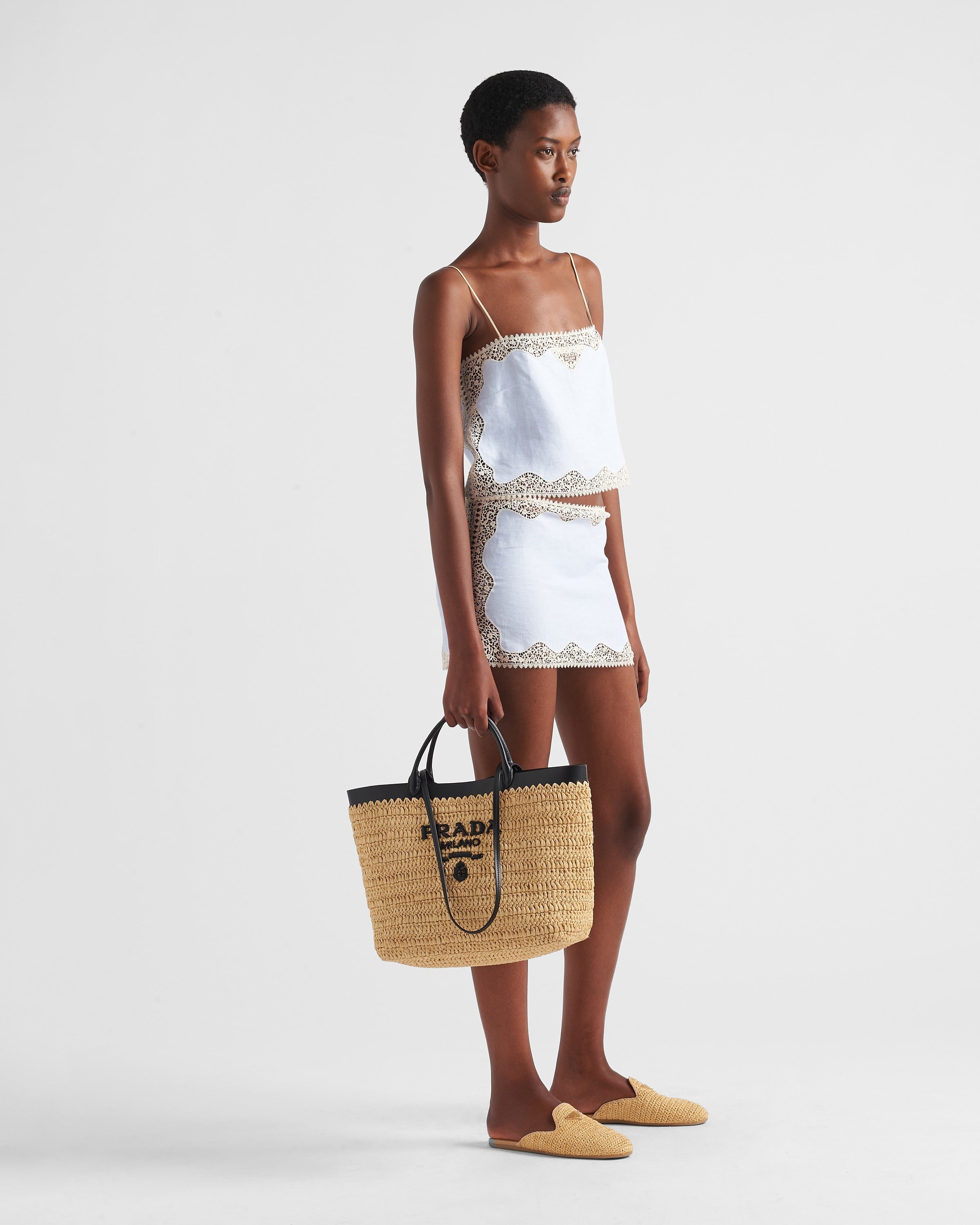 Medium crochet and leather tote bag Tan/Black