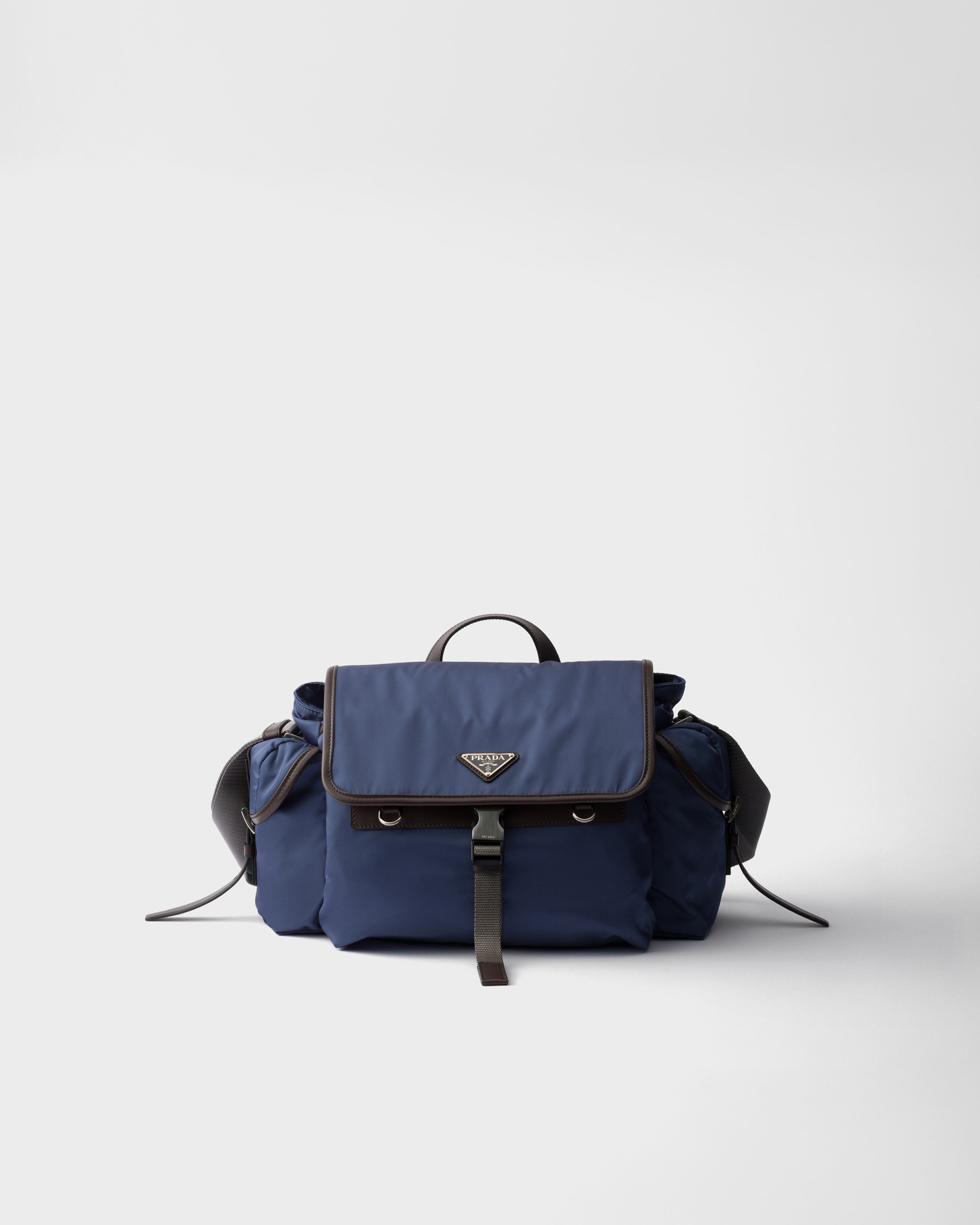 Re-Nylon and leather shoulder bag Aviation Blue