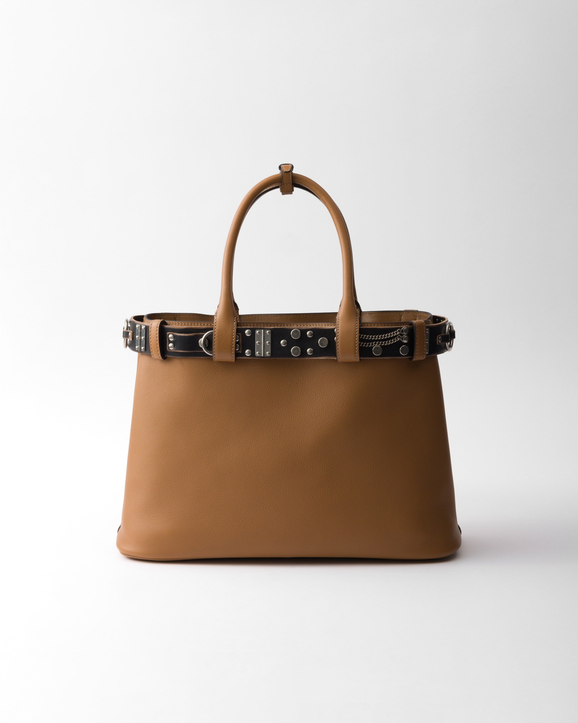 Large Prada Buckle leather bag with studded belt Caramel/Black