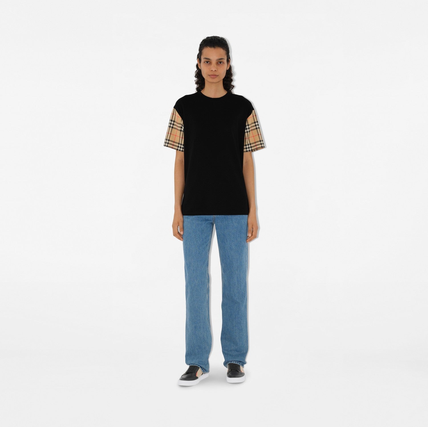 Check Sleeve Cotton T-shirt - Black