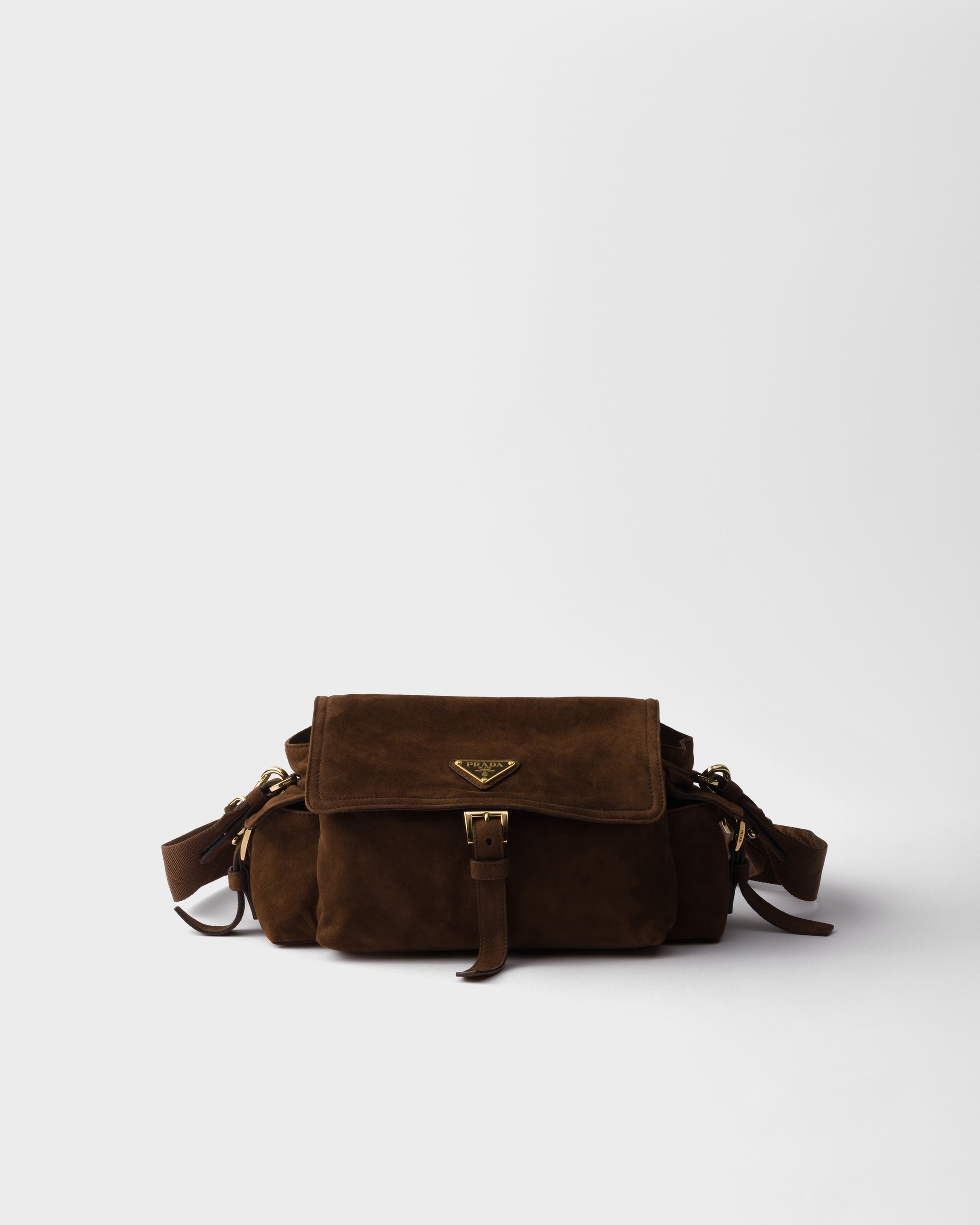 Prada Explore medium suede shoulder bag with flap Cocoa Brown