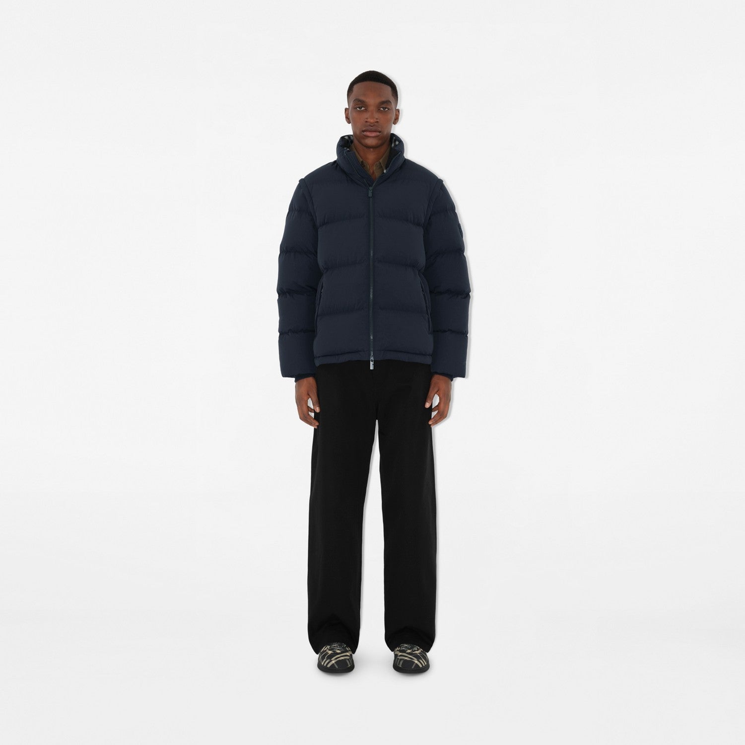 Detachable Sleeve Nylon Puffer Jacket - Navy/charcoal