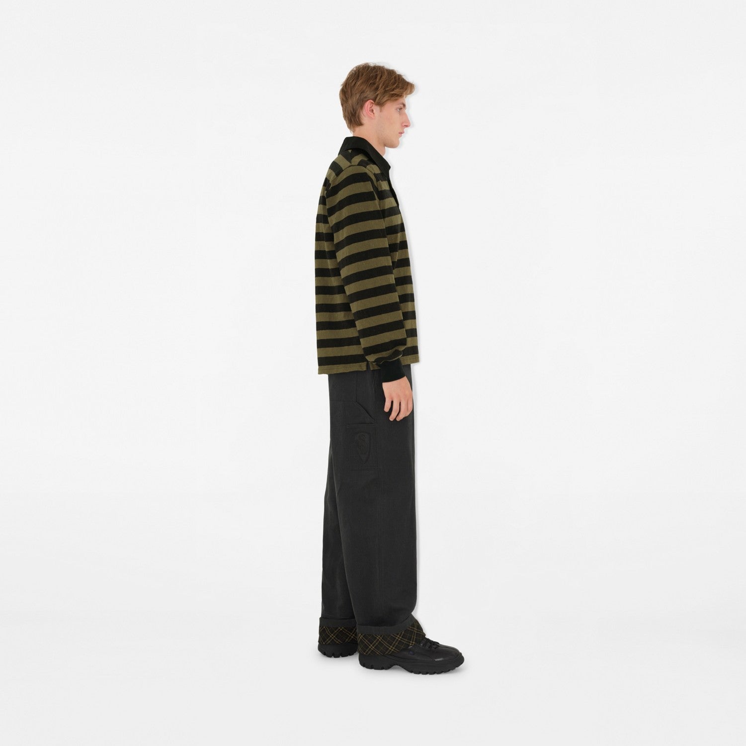 Long-sleeve Striped Cotton Polo Shirt - Olive