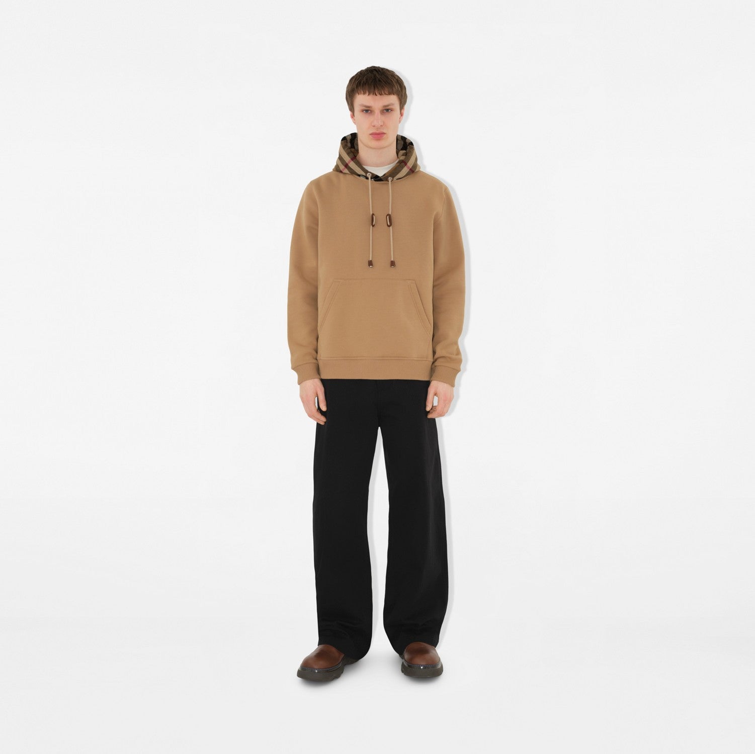 Check Trim Cotton Blend Hoodie - Camel