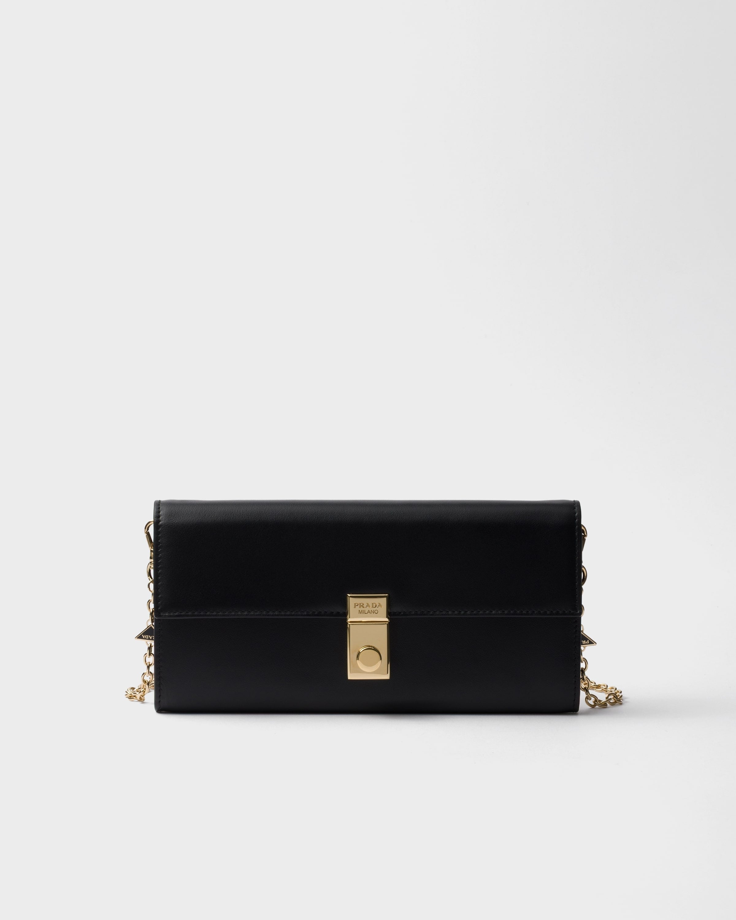 Leather wallet with chain shoulder strap Black