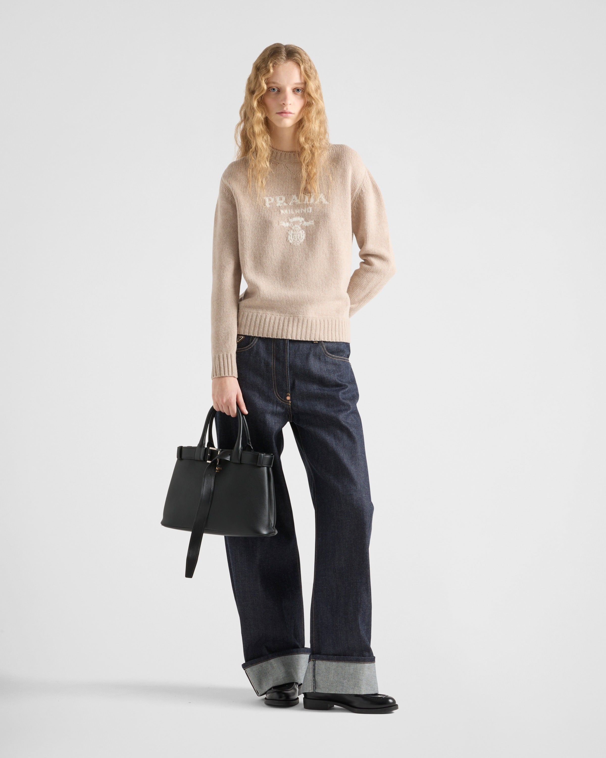 Cashmere and wool Prada logo crew-neck sweater Desert Beige