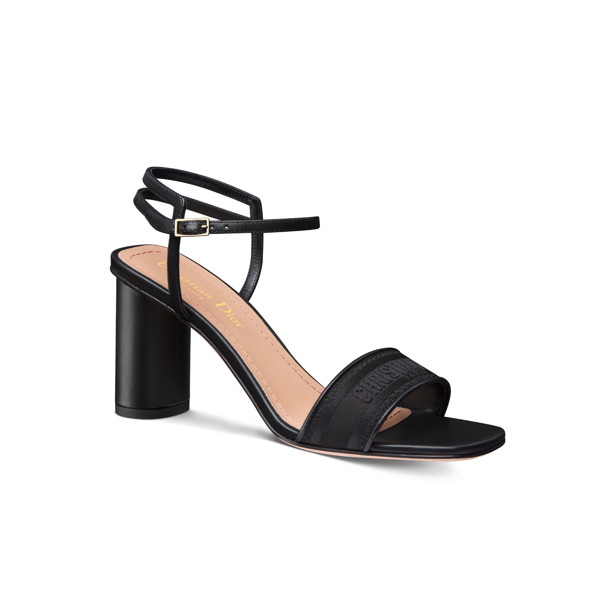 Dway Heeled Sandal - Black Embroidered Satin and Lambskin