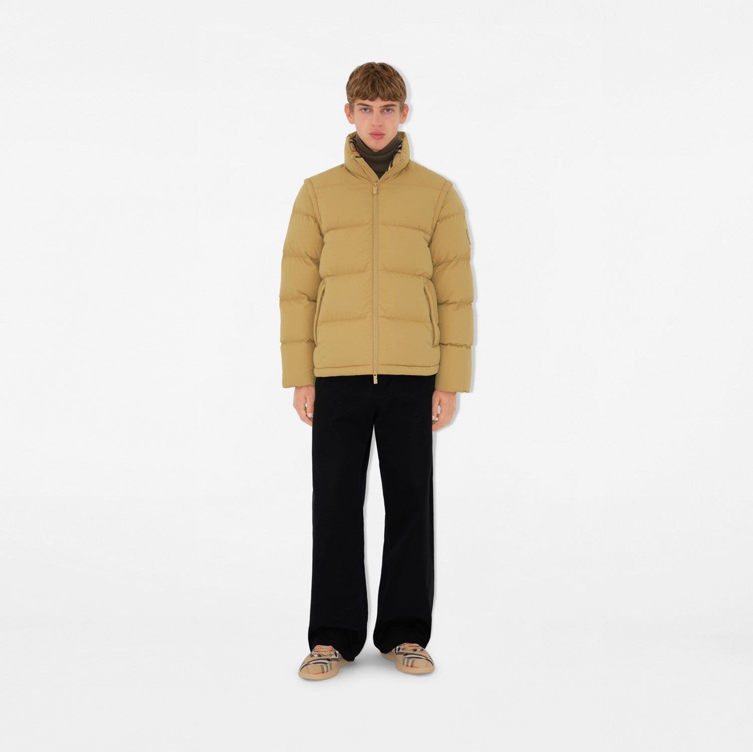 Detachable Sleeve Nylon Puffer Jacket - Flax