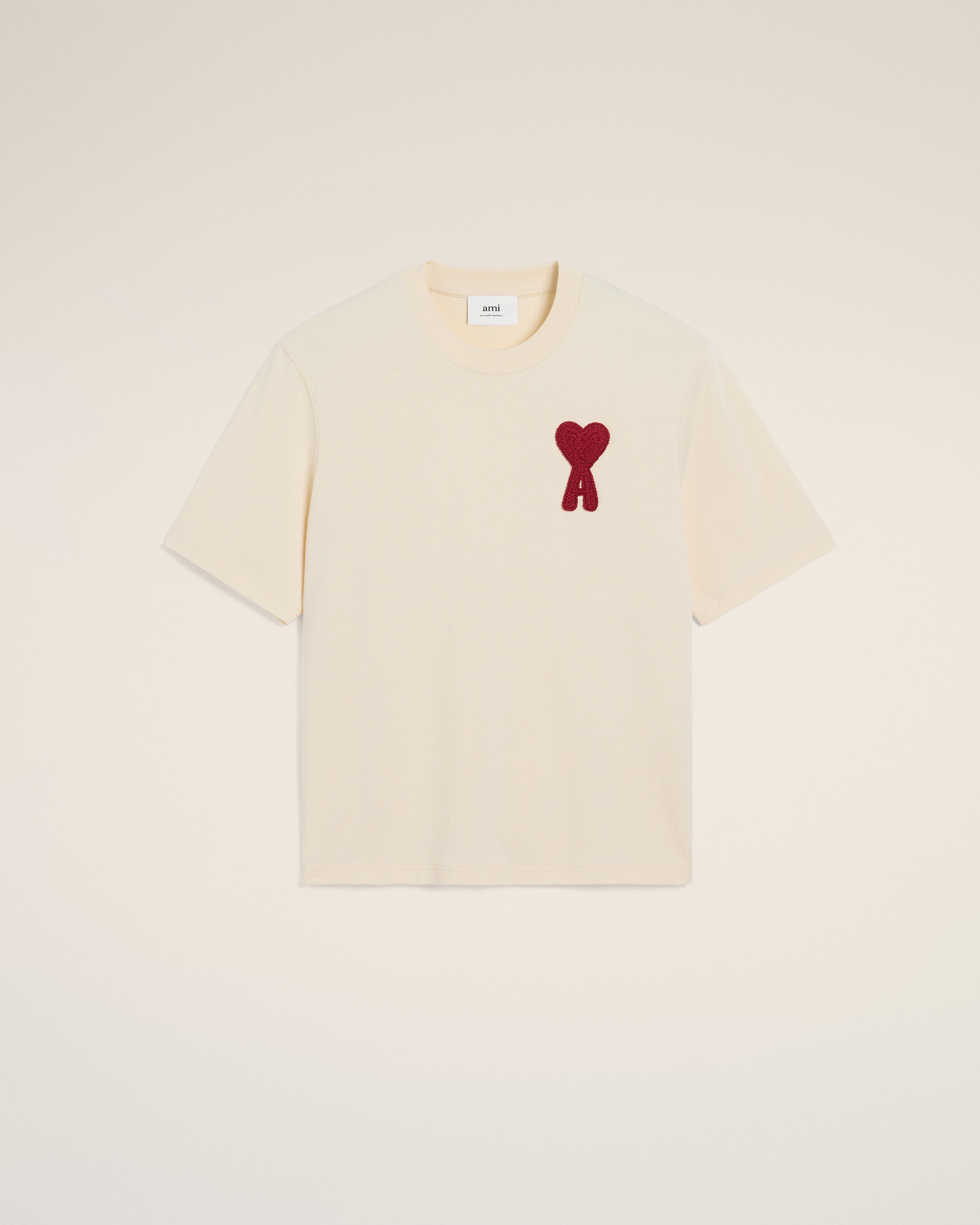 BEIGE COTTON AMI DE COEUR PATCH T-SHIRT WHITE CREAM