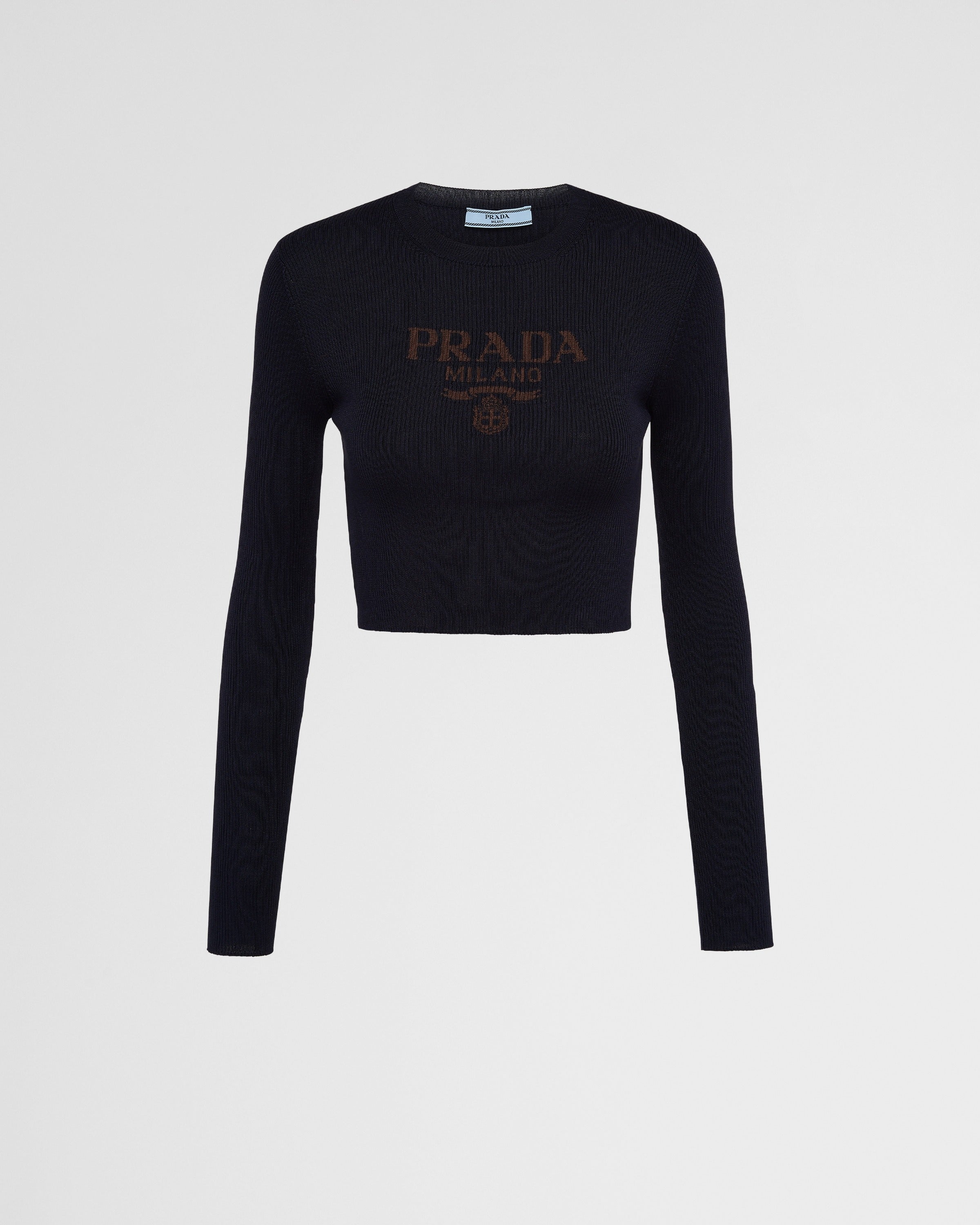 Cropped silk sweater with logo Navy