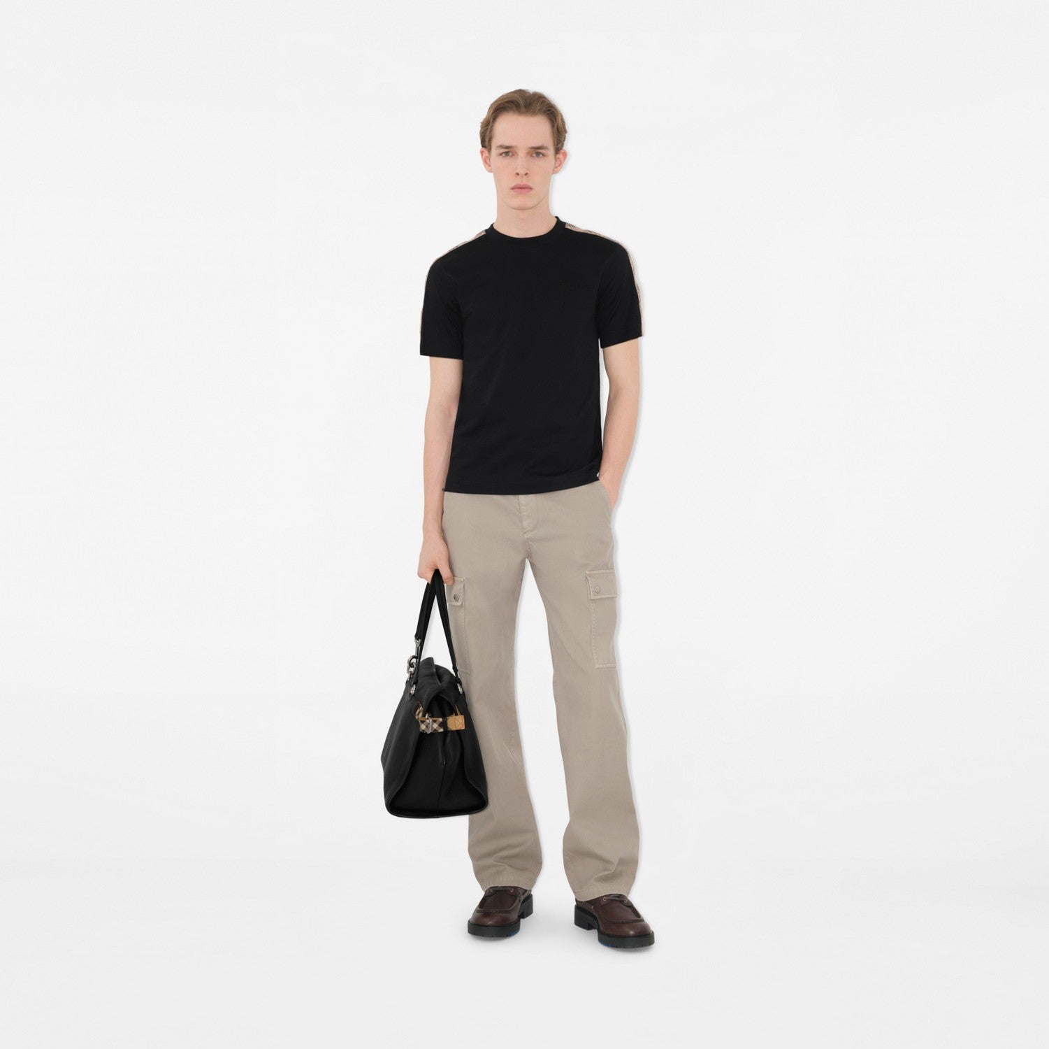 Check Trim Cotton T-shirt - Black