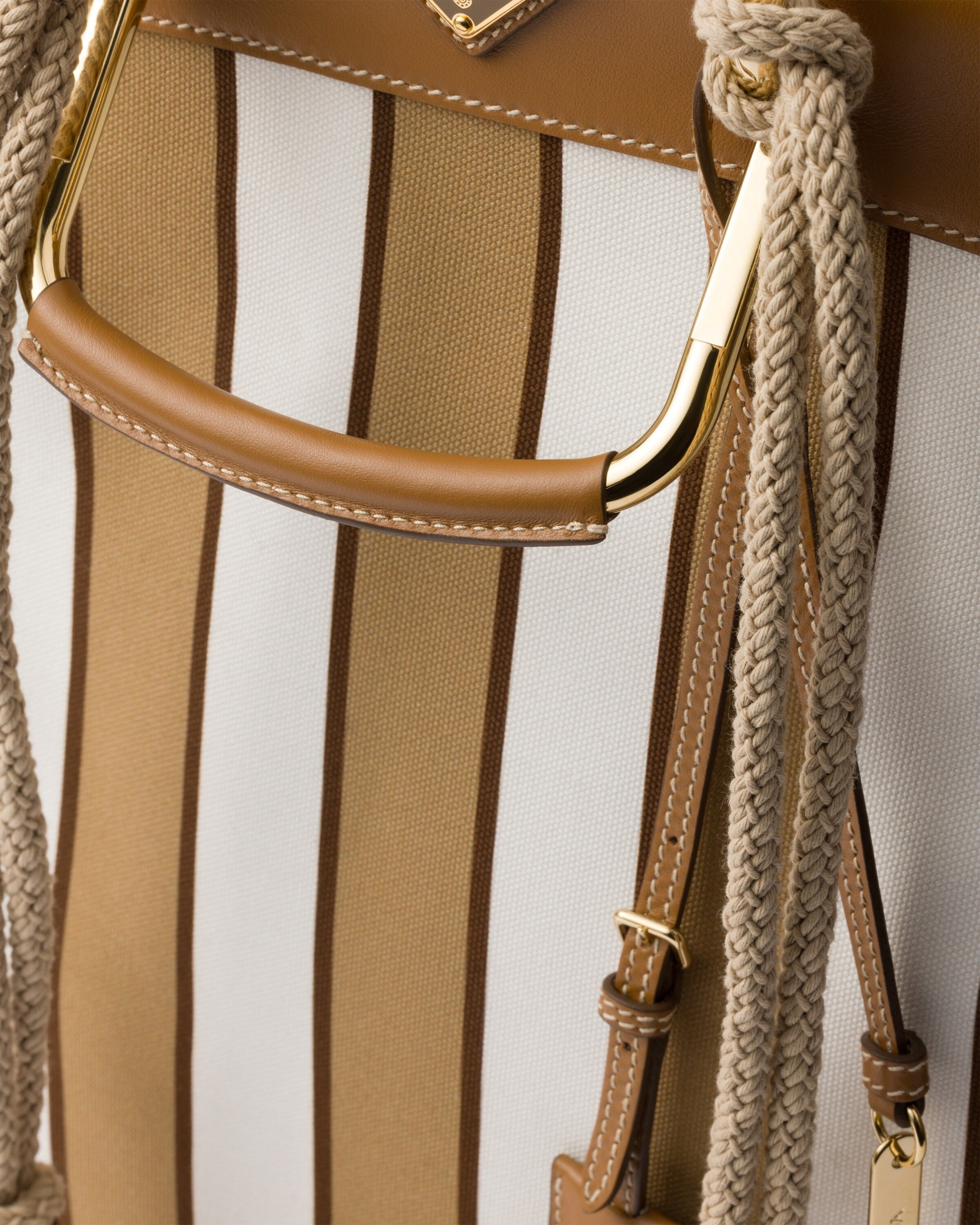 Large printed canvas and leather tote bag Camel/Caramel