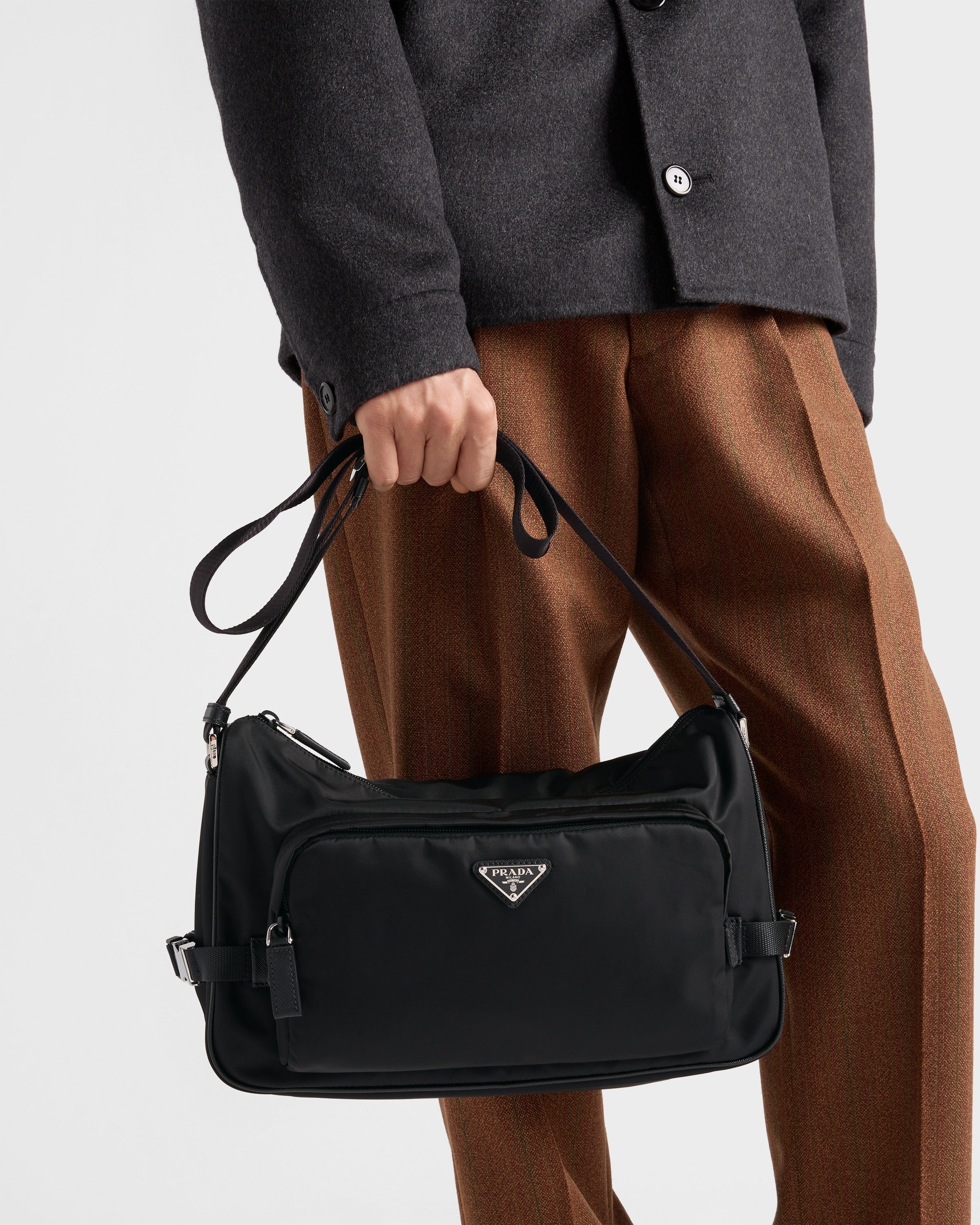 Large Re-Nylon and Saffiano leather shoulder bag Black