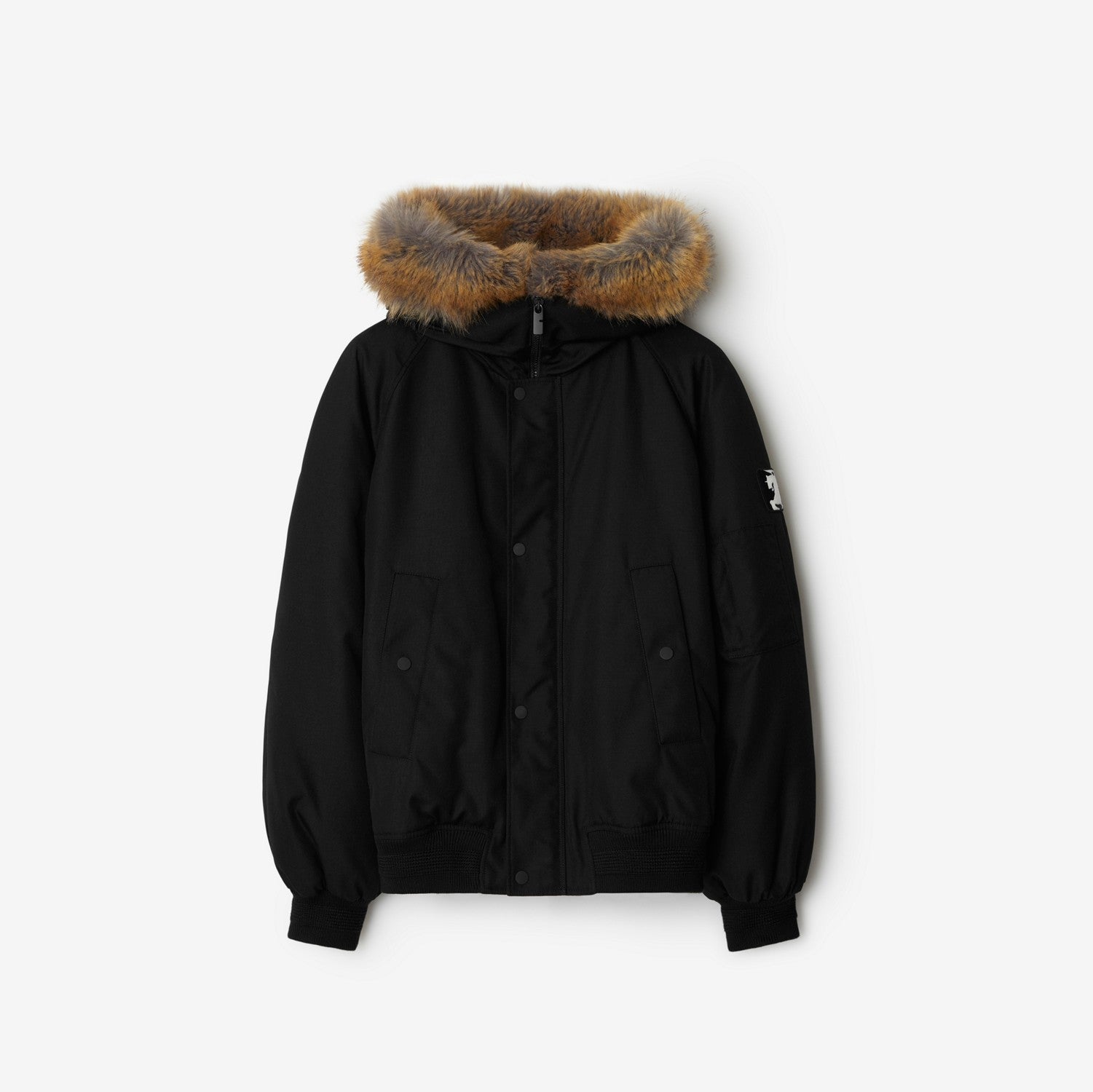 Faux Fur Trim Nylon Bomber Jacket - Black