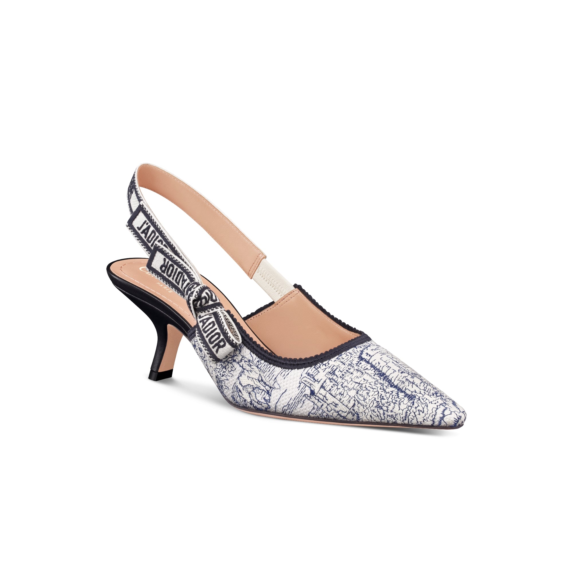 J'Adior Slingback Pump - Deep Blue Cotton Embroidered with Toile de Jouy Scotland Motif